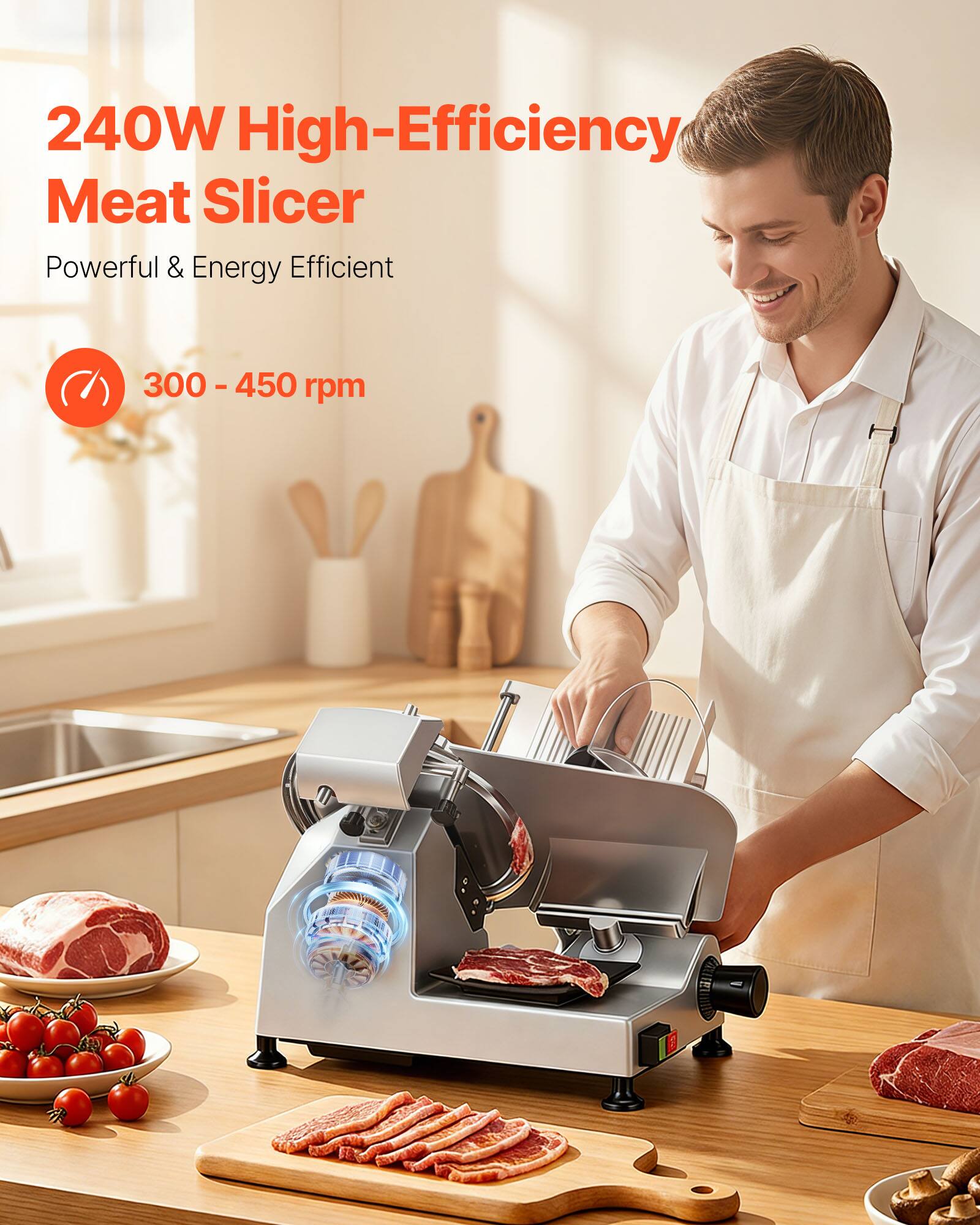 240W High-Efficiency Meat Slicer  
Powerful & Energy Efficient  
300 - 450 rpm