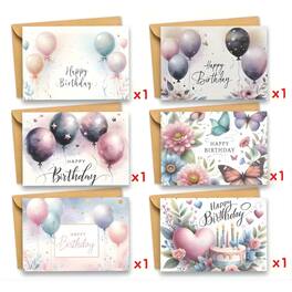 Kitcheniva - Small 6 Pack Watercolor Floral and Butterfly Birthday Cards with Envelopes, (5x3.5 In, Blank Inside)