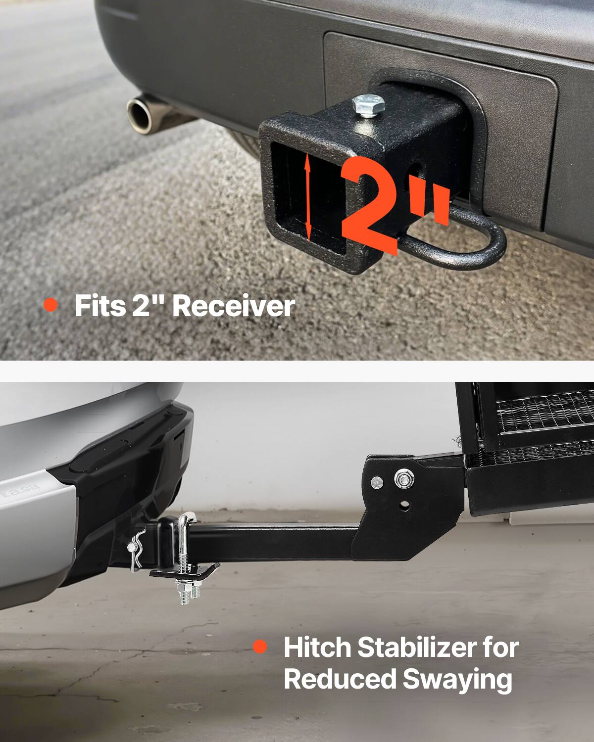 The text on the image can be grouped and corrected as follows:

- Fits 2" Receiver
- Hitch Stabilizer for Reduced Swaying