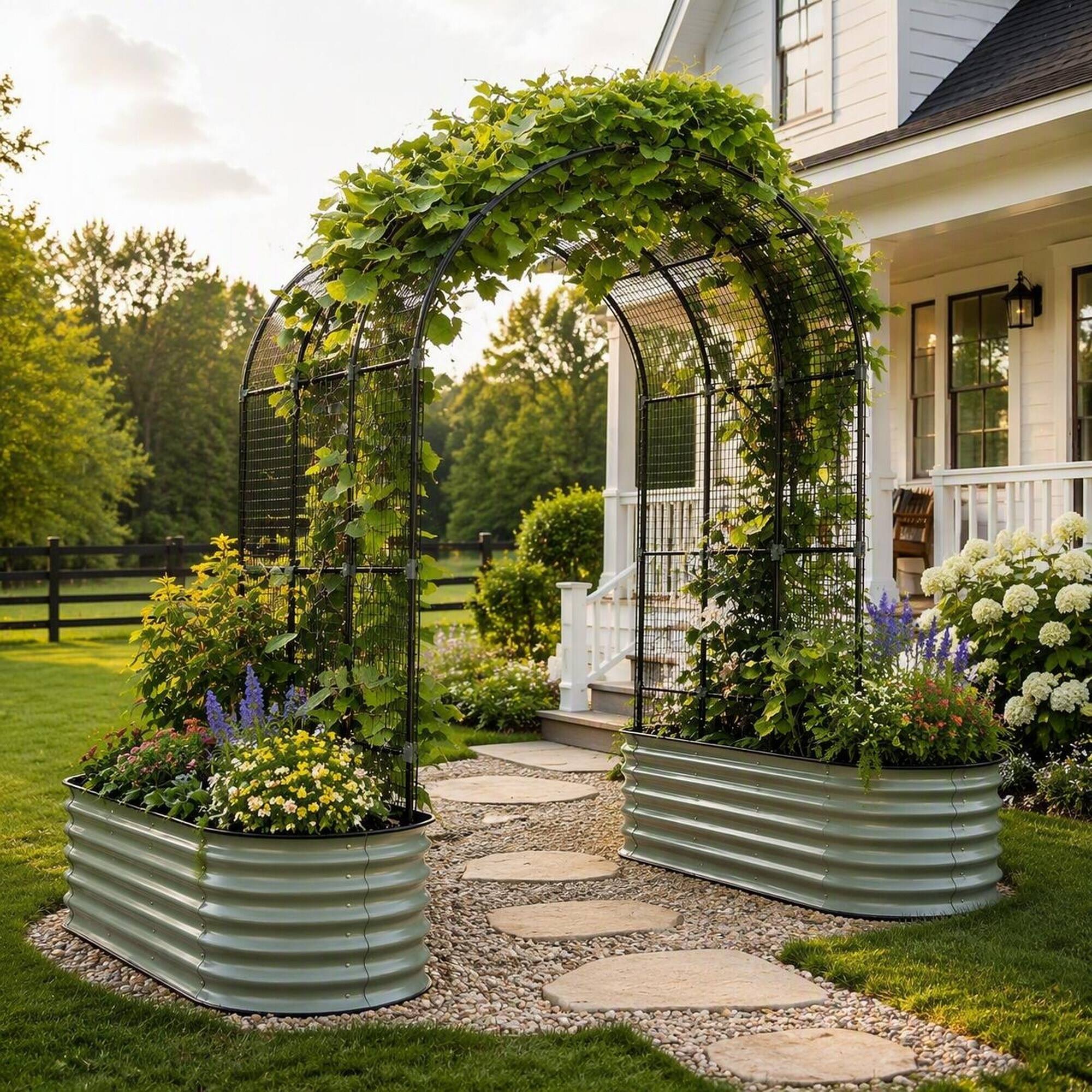 Angle. RYHNUYNE - Raised Garden Bed Set with Arch Trellis and Climbing Net for Vegetables and Flowers, Galvanized Steel Planter - Green.