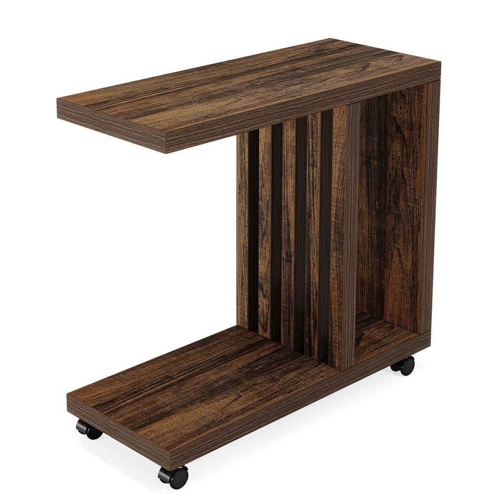 Front. Kadyn - Kadyn Sofa Side End Table, End Table, Couch Table,2-Tier End Table, C-Shaped Wood Side Table with Lockable Wheels,Brown - Brown.