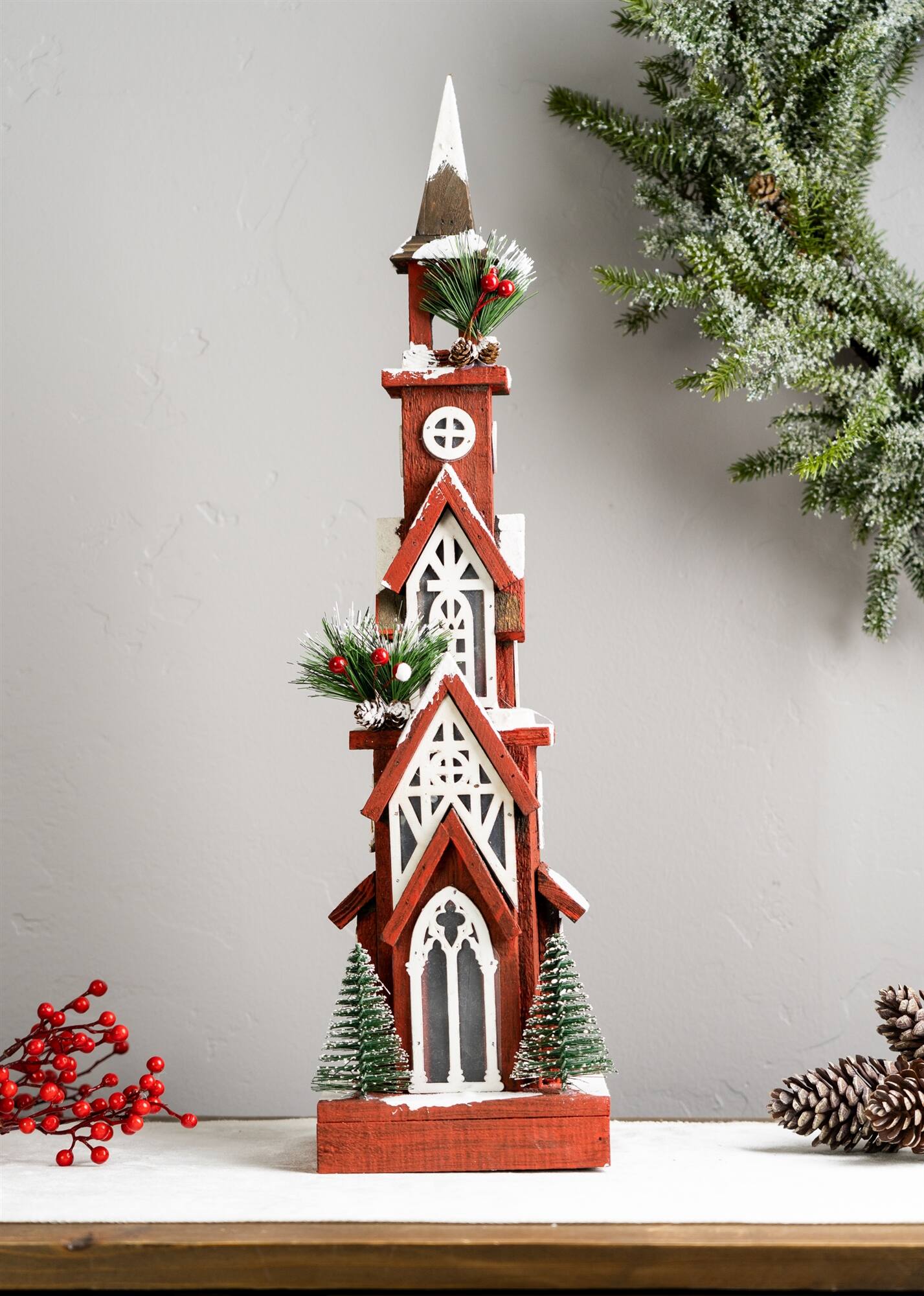 Angle. BreeBe - Lighted Winter Church Display with Pine Accents and Snowy Finish 19"H - Red, Green, White.