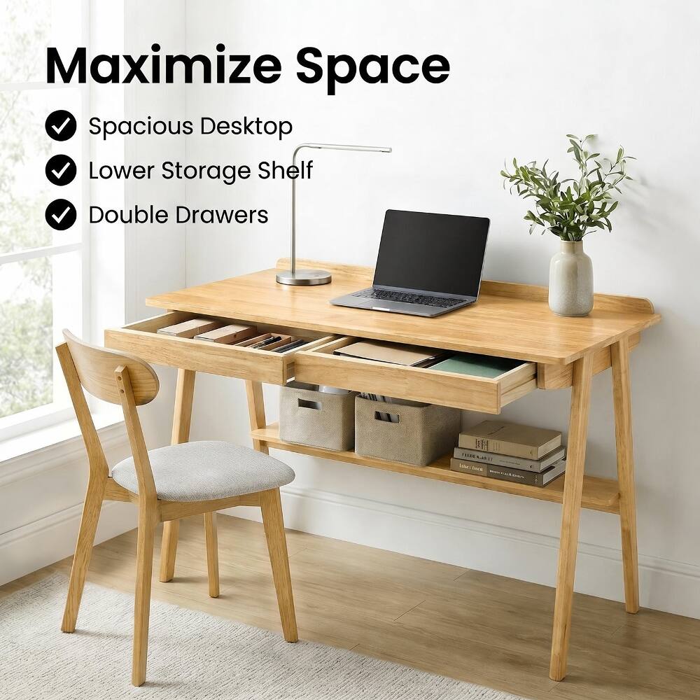 Maximize Space  
Spacious Desktop  
Lower Storage Shelf  
Double Drawers