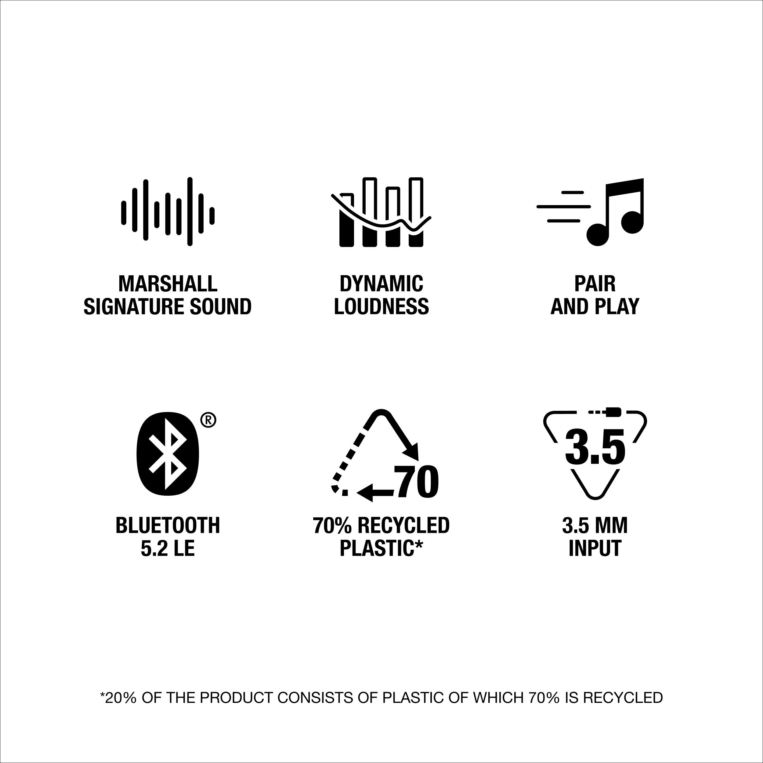Marshall Signature Sound Dynamic Loudness Pair and Play Bluetooth 5.2 LE 70% Recycled Plastic 3.5mm Input