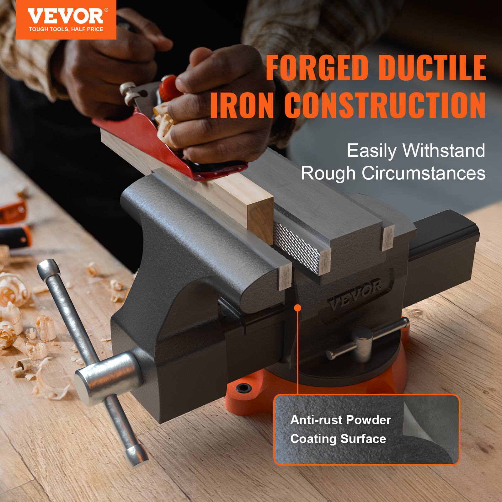 VEVOR  
TOUGH TOOLS, HALF PRICE  

FORGED DUCTILE IRON CONSTRUCTION  
Easily Withstand Rough Circumstances  

Anti-rust Powder Coating Surface