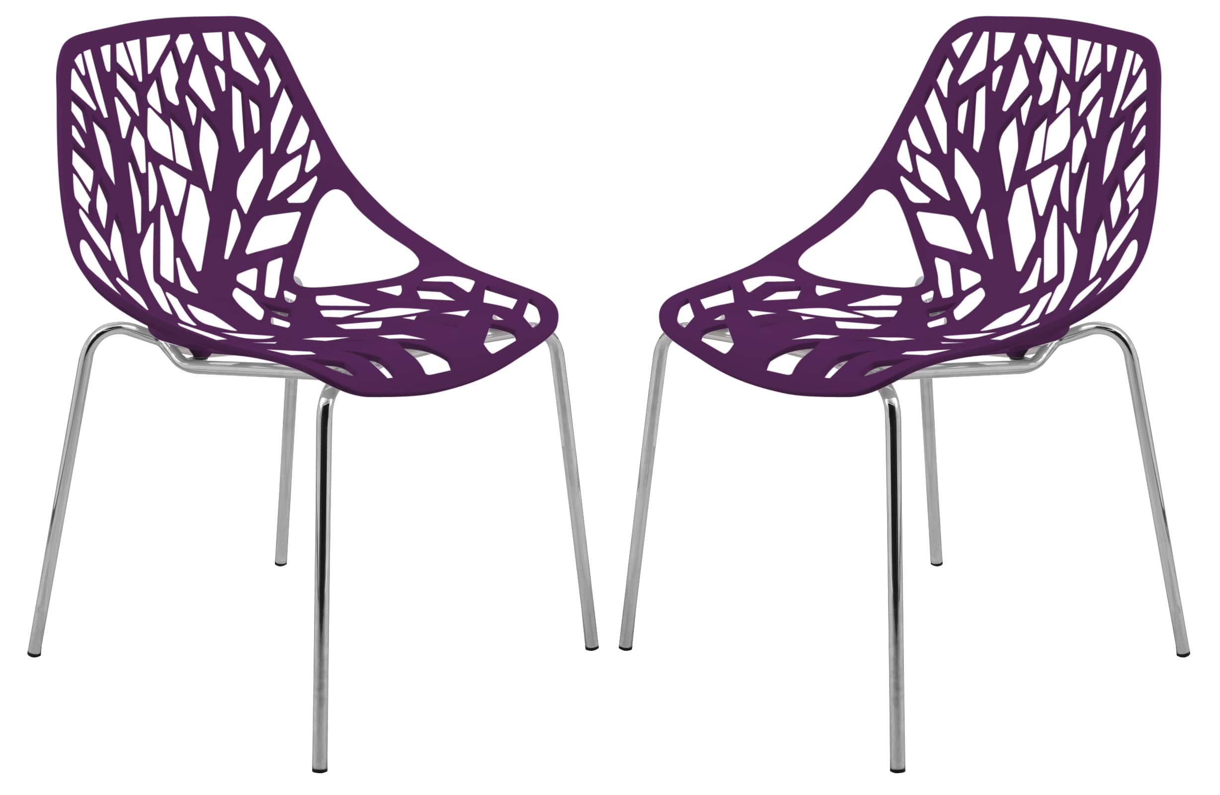 LeisureMod - Asbury Set of 2 Modern Stackable Dining Chair with Chrome Steel Legs and Cut Out Design for Indoor Outdoor - Purple