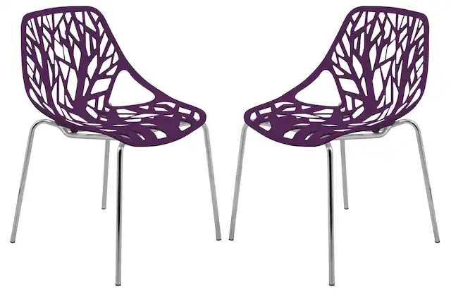 Front. LeisureMod - Asbury Set of 2 Modern Stackable Dining Chair with Chrome Steel Legs and Cut Out Design for Indoor Outdoor - Purple.