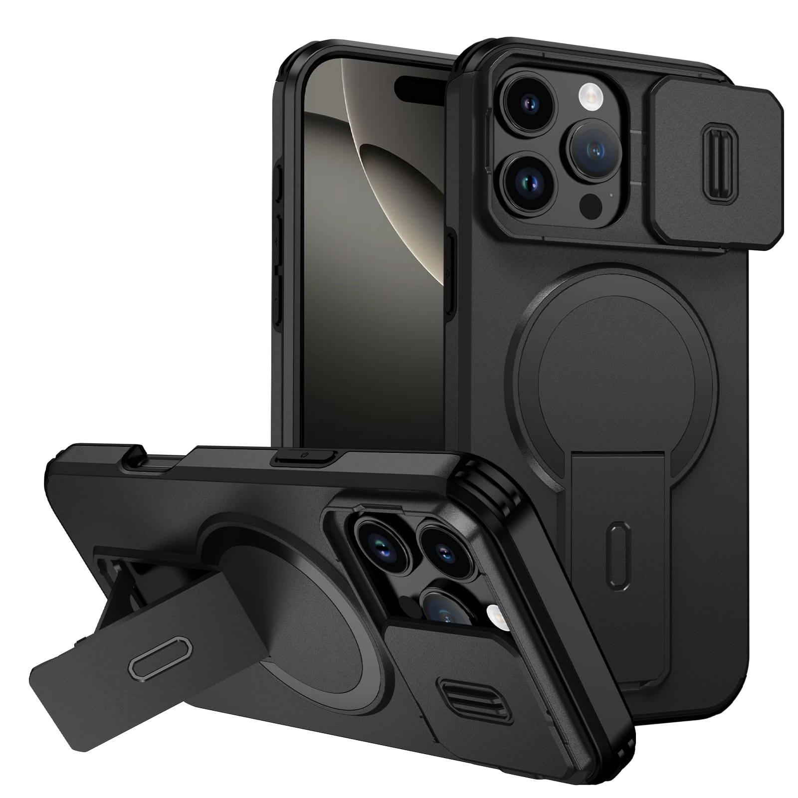 UUCOVER - Magnetic Case for Apple iPhone 16 Pro Shockproof TPU+PC Case Compatible with MagSafe Stand Sliding Camera Cover - Black