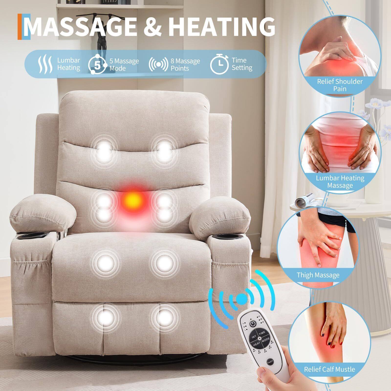 MASSAGE & HEATING

- Lumbar Heating
- 5 Massage Mode
- 8 Massage Points
- Time Setting

- Relief Shoulder Pain
- Lumbar Heating Massage
- Thigh Massage
- Relief Calf Muscle