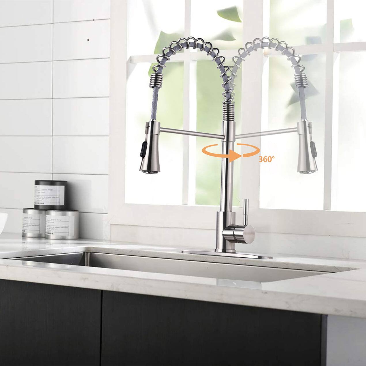 Alt View 5. Boyel Living - Silver Single Handle Pull Down Sprayer Kitchen Faucet with Deck Plate - Brushed Nickel.