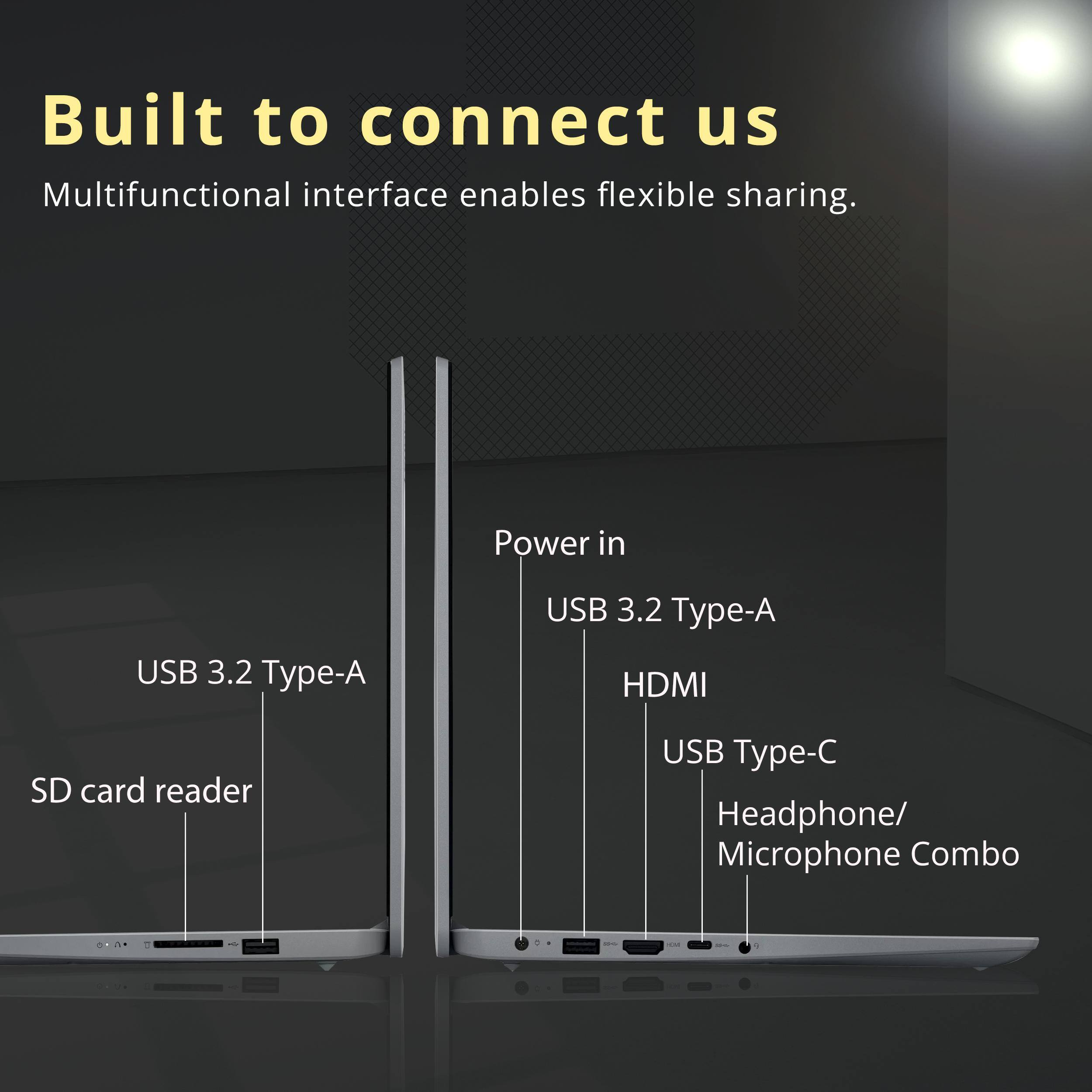Built to connect us  
Multifunctional interface enables flexible sharing.  

- USB 3.2 Type-A  
- SD card reader  
- Power in  
- HDMI  
- USB Type-C  
- Headphone/ Microphone Combo