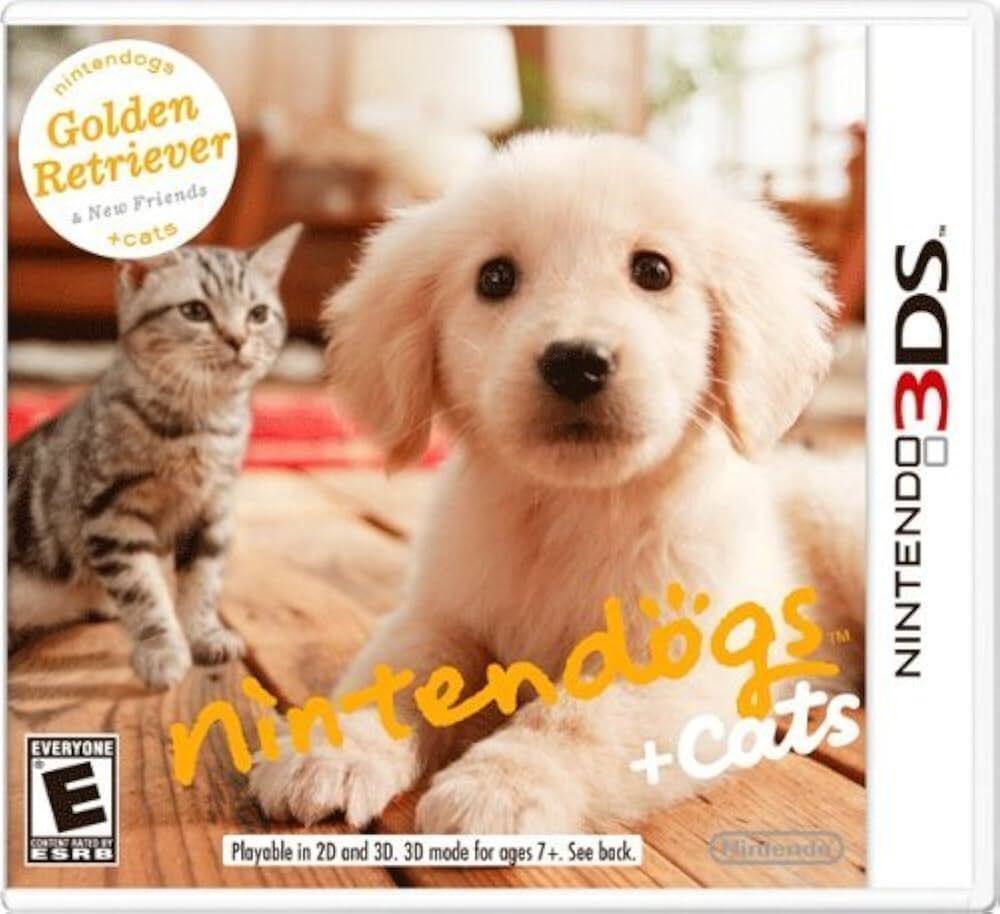 Nintendo 3DS  
nintendogs + Cats  
Golden Retriever & New Friends  
RATED E by ESRB  
Playable in 2D and 3D. 3D mode for ages 7+. See back. - E (Everyone)