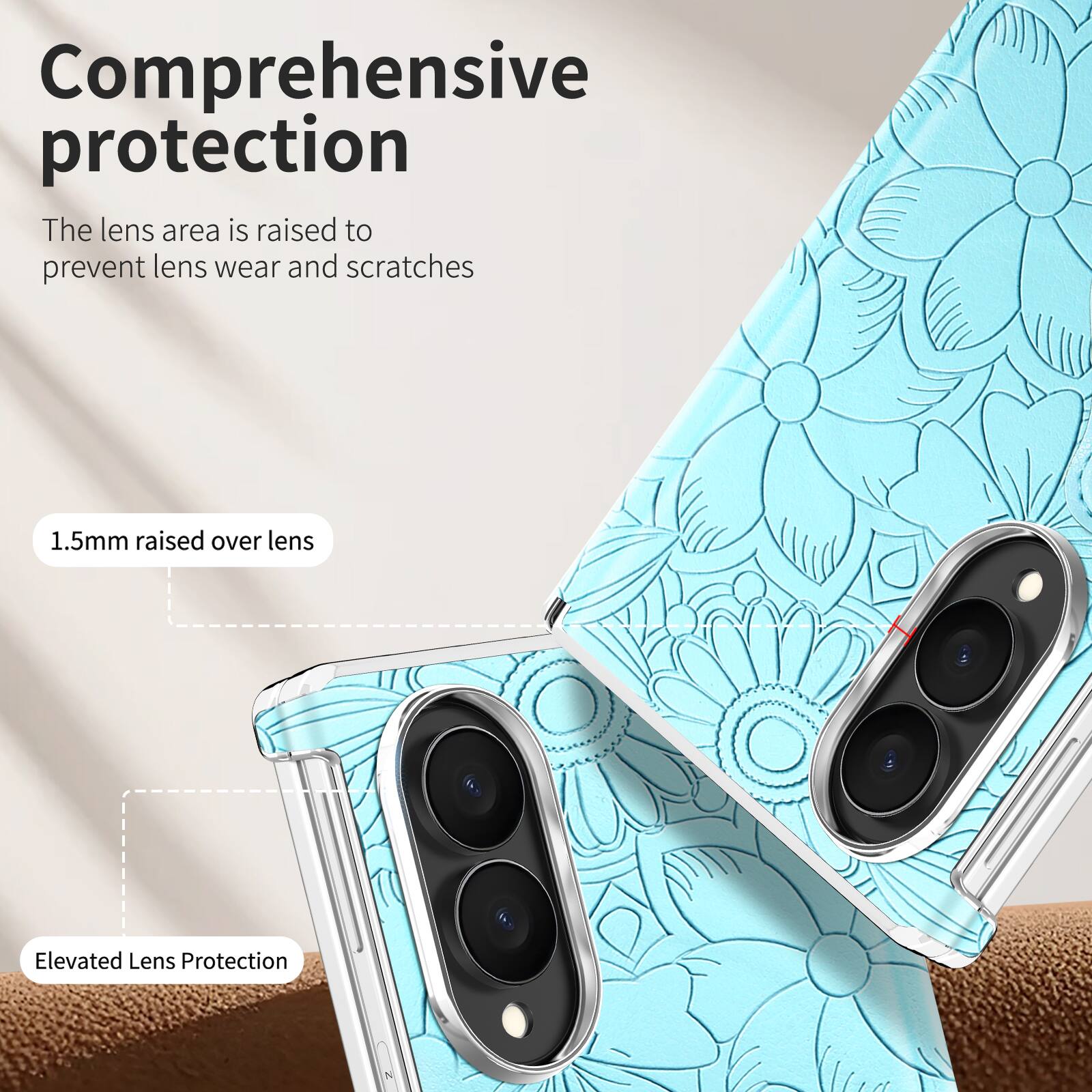 Comprehensive protection  
The lens area is raised to prevent lens wear and scratches  

1.5mm raised over lens  

Elevated Lens Protection