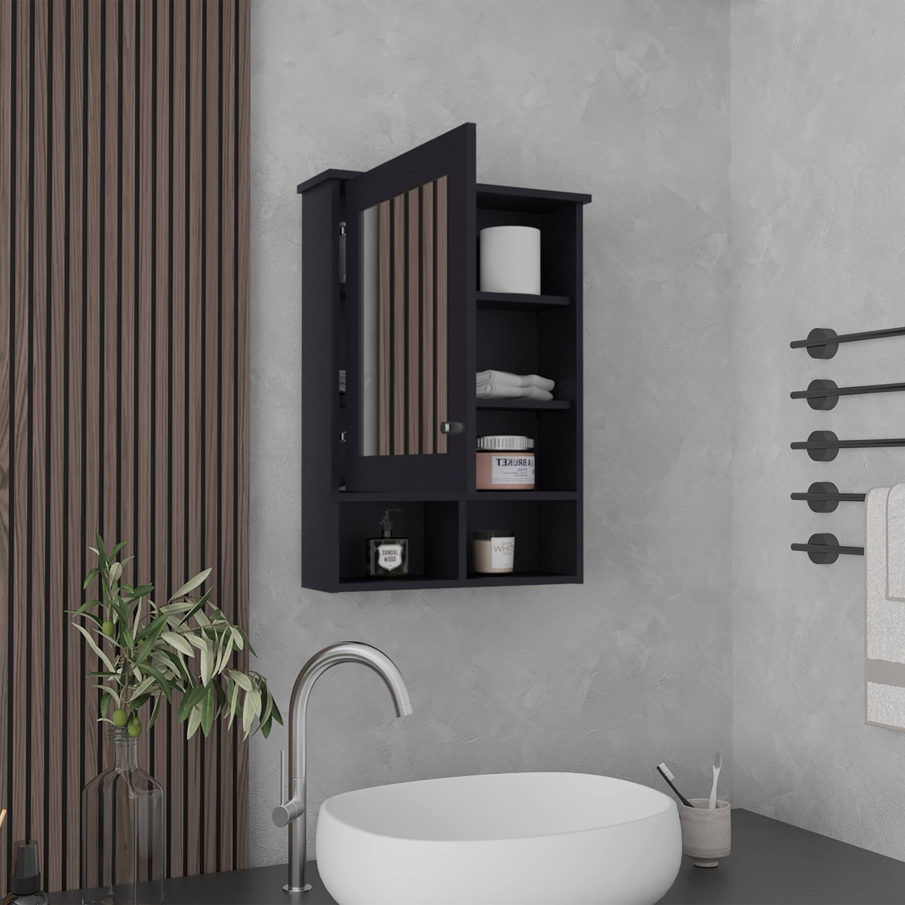 Left. TuHome - Oba 2-Pc Wall-Mounted Bathroom Medicine Cabinet With Open And Closed Storage - Black.