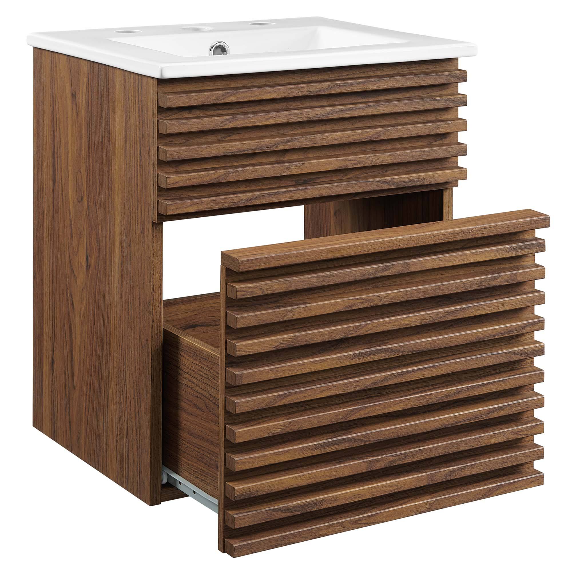 Alt View 1. Modway - Render Wall-Mount Bathroom Vanity with White Basin Included - Walnut White.