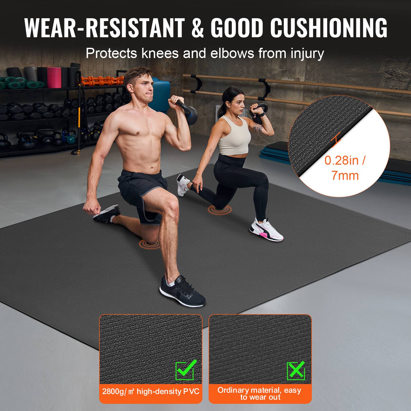 WEAR-RESISTANT & GOOD CUSHIONING  
Protects knees and elbows from injury  

0.28in / 7mm  

2800g/m² high-density PVC  

Ordinary material, easy to wear out