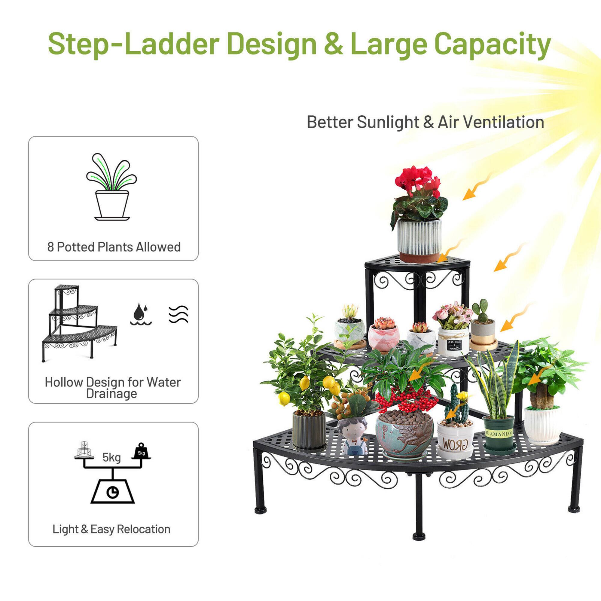 Step-Ladder Design & Large Capacity  
Better Sunlight & Air Ventilation  
8 Potted Plants Allowed  
Hollow Design for Water Drainage  
5kg  
Light & Easy Relocation