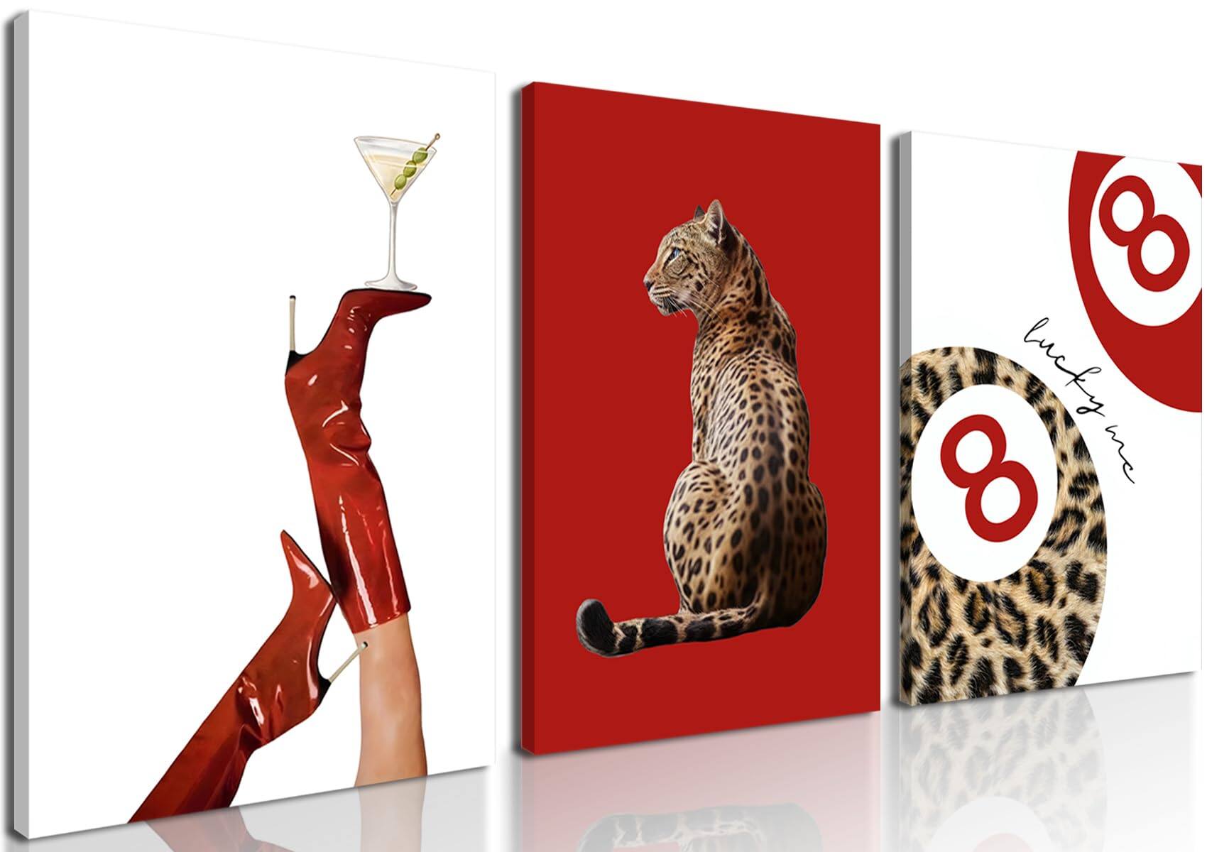 Front. Fabibe - Pink Cheetah Prints Wall Decor Pictures, Funky Lucky You 8 Ball Poster Preppy Aesthetic Paintings, for Girls Bedroom Dor - Red 16x24Inch Canvas Wrapped Canvas.