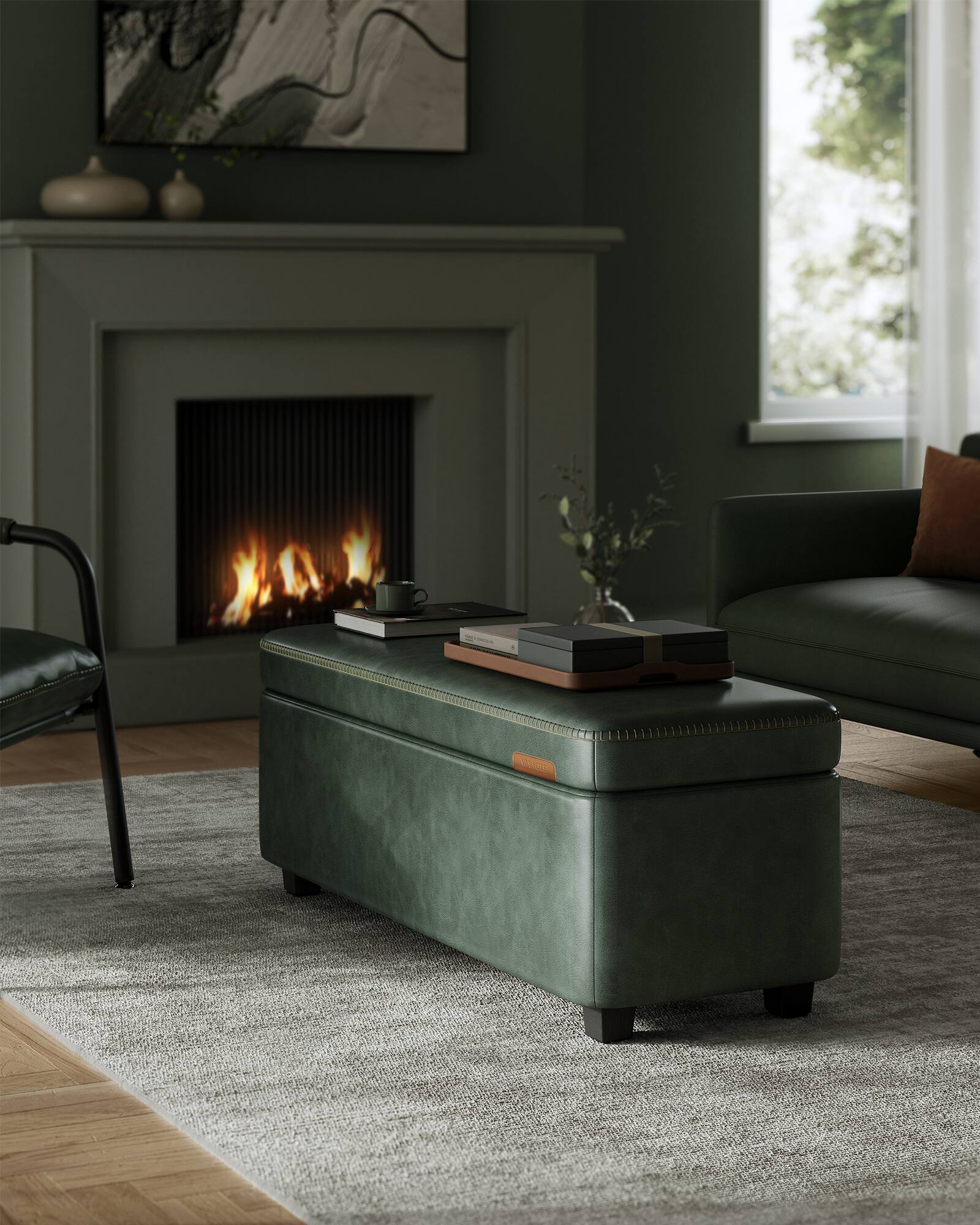 Alt View 4. Songmics Home - Storage Ottoman Bench, Entryway Bedroom Bench, 25 Gallons, Synthetic Leather with Stitching, Mid-Century Modern - Forest Green.