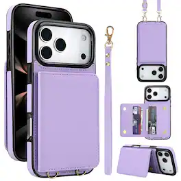 Dteck - Wallet Case for Apple iPhone 17 Pro,Faux Leather Flip Cover with RFID Card Holder+Strap,Shockproof Crossbody Case - Purple