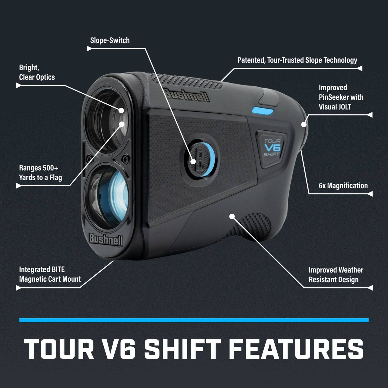 - Slope-Switch
- Bright, Clear Optics
- Ranges 500+ Yards to a Flag
- Patented, Tour-Trusted Slope Technology
- Improved PinSeeker with Visual JOLT
- 6x Magnification
- Integrated BITE Magnetic Cart Mount
- Improved Weather Resistant Design

TOUR V6 SHIFT FEATURES