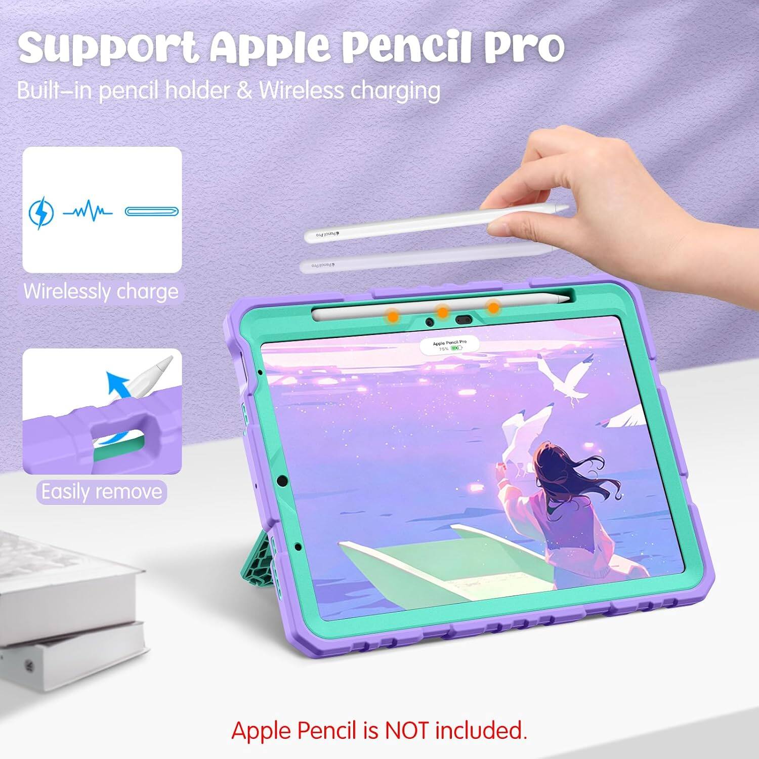 Support Apple Pencil Pro  
Built-in pencil holder & Wireless charging

Wirelessly charge

Easily remove

Apple Pencil is NOT included.