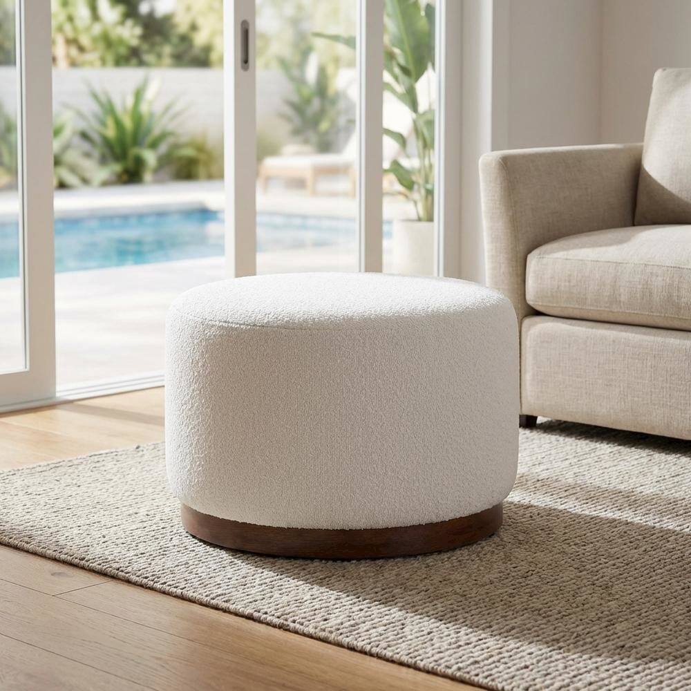 Left. Outdoor Escape - Round Boucle Upholstered Ottoman For Outdoor Lounge And Seating - Brown.
