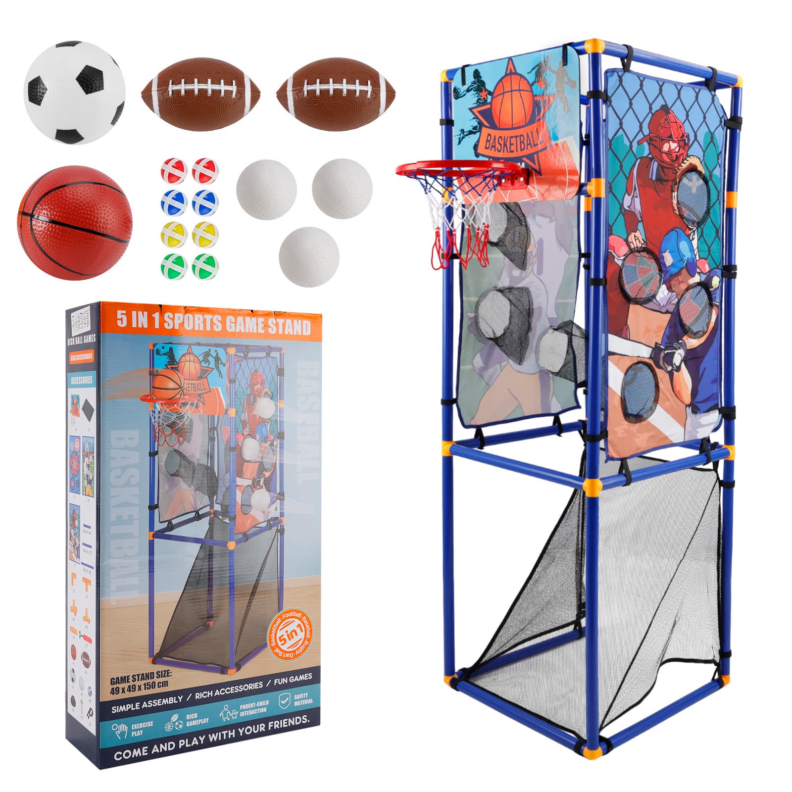 Topteng - 5-in-1 Multi-Sport Toss Game Set -Football, Baseball, Basketball, Rugby & Fly Ball with 15+ Accessories for Kids Ages 3+