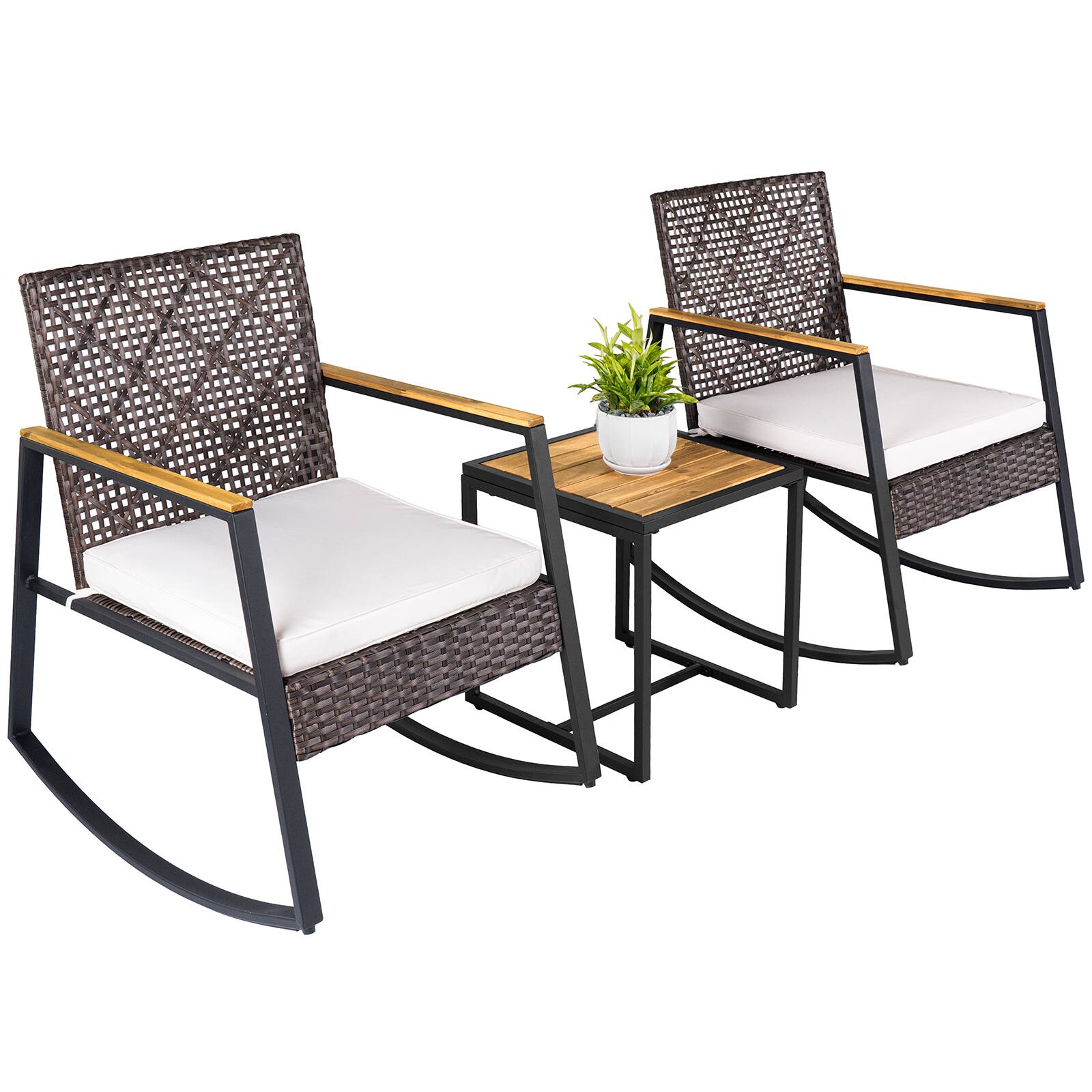 Alt View 1. Costway - Costway 3 PCS Outdoor Rocking Chair Set with Coffee Table Water-Resistant Cushions for Porch - Mixed Brown, Beige.