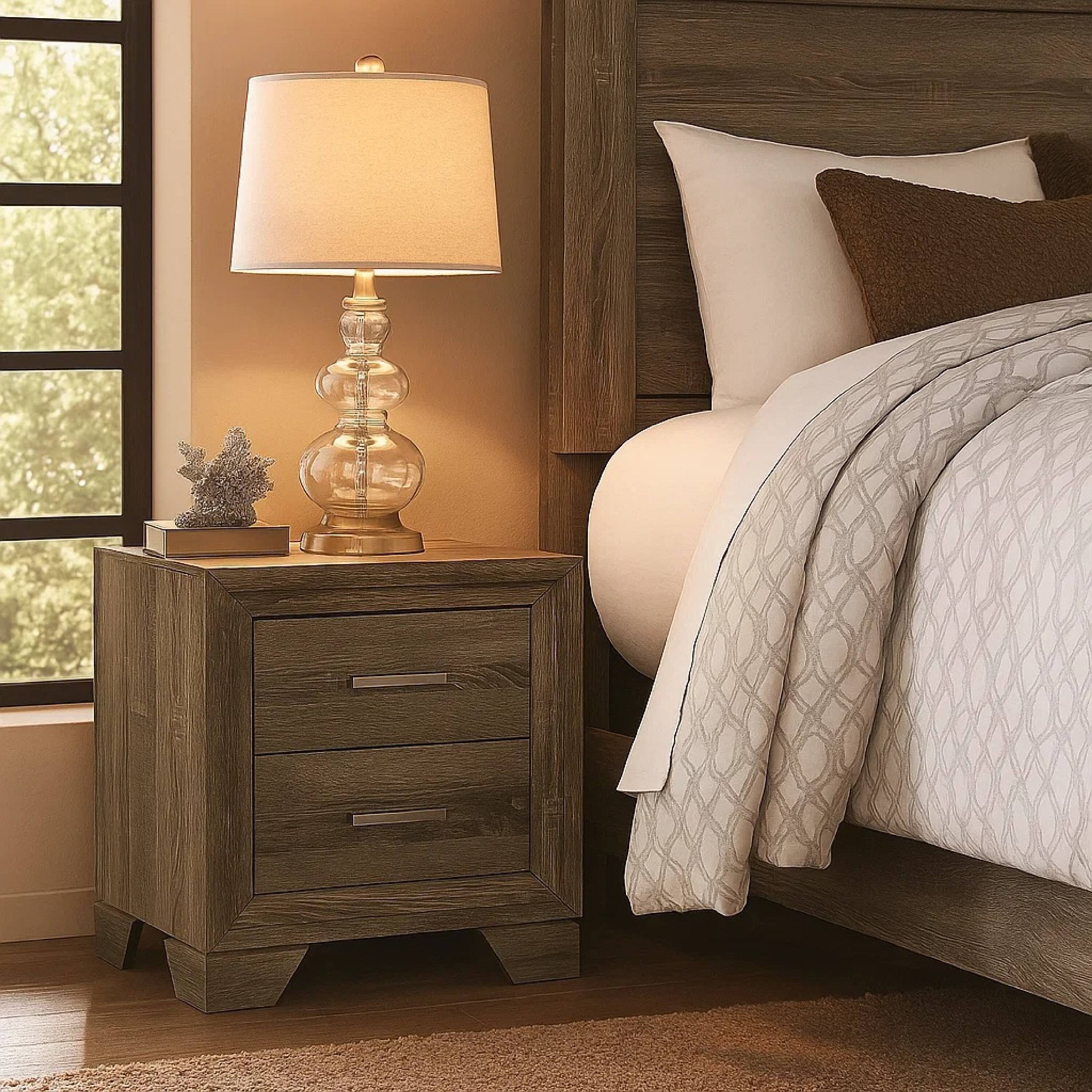 Alt View 3. Manhattan Lane - Reay Nightstand, Oak Finish, 2 Drawers Metal Bar Handles - Oak Brown, Silver.
