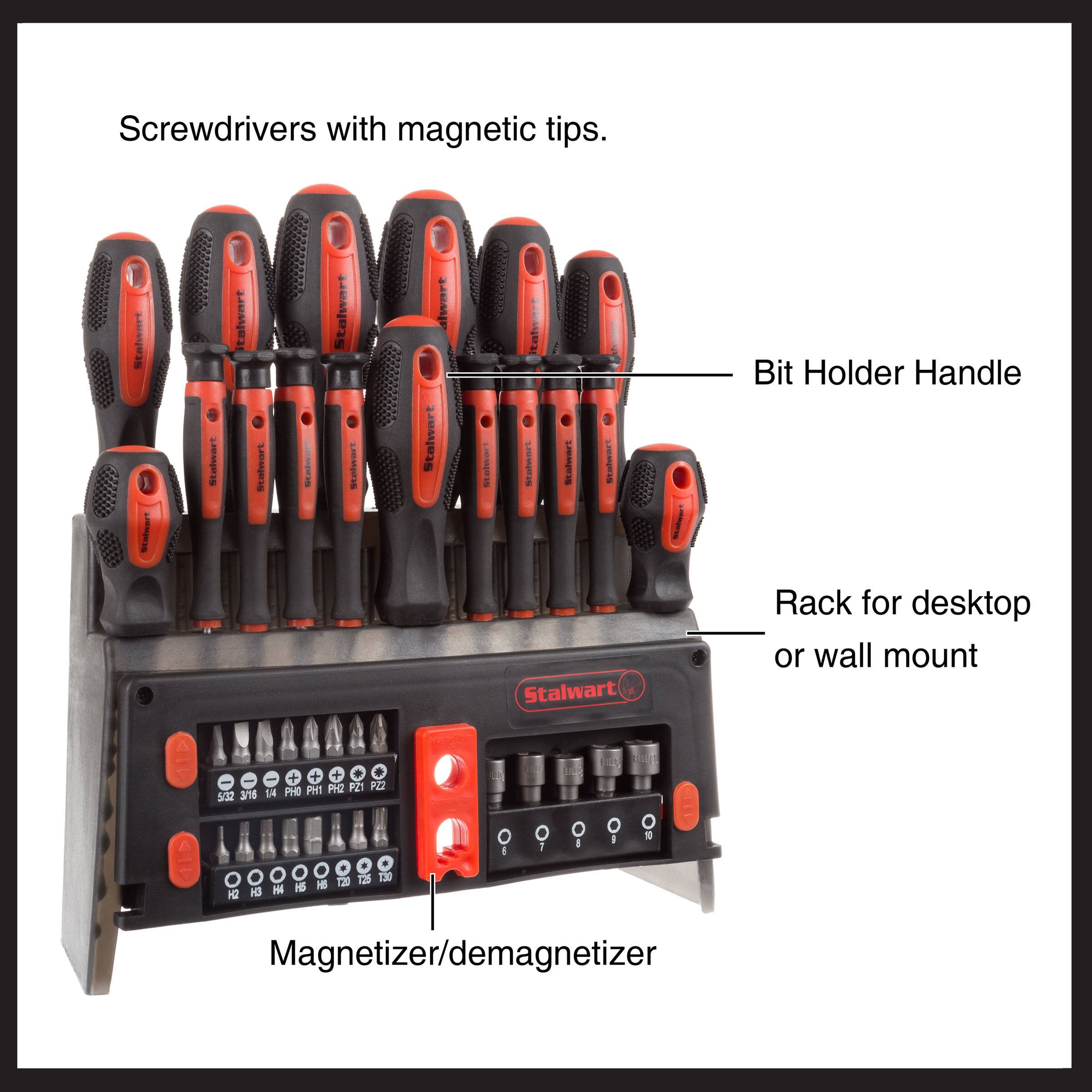 Screwdrivers with magnetic tips.  
Stalwart Bit Holder Handle  
Rack for desktop or wall mount  
Magnetizer/demagnetizer