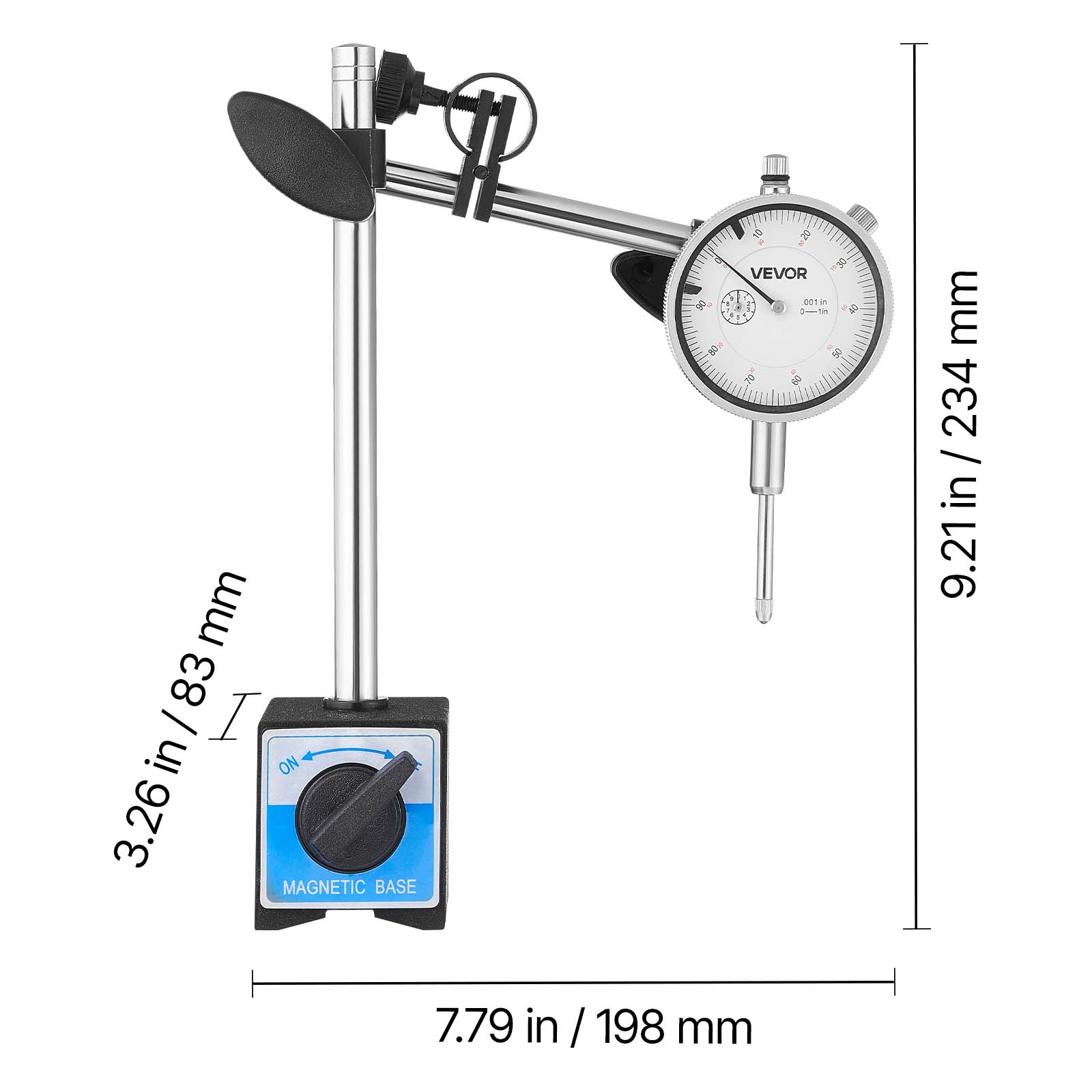 mm 83 I 3.26 in / 83 in ON 3.26 MAGNETIC BASE + 1  a 30 VEVOR 001 i i 2 -- n  - S e & mm 234 / in 9.21in 7.79 in / 198 in mm

Corrected text:
- 3.26 in / 83 mm
- 9.21 in / 234 mm
- 7.79 in / 198 mm