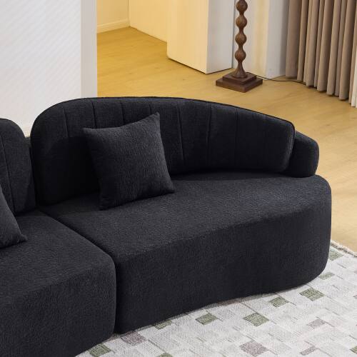 Back. Anysun - Curved 4-Seat Compressed Chenille Sofa - Long-Lasting Support, Removable Backrest, Retro Style for Small Spaces - Black.