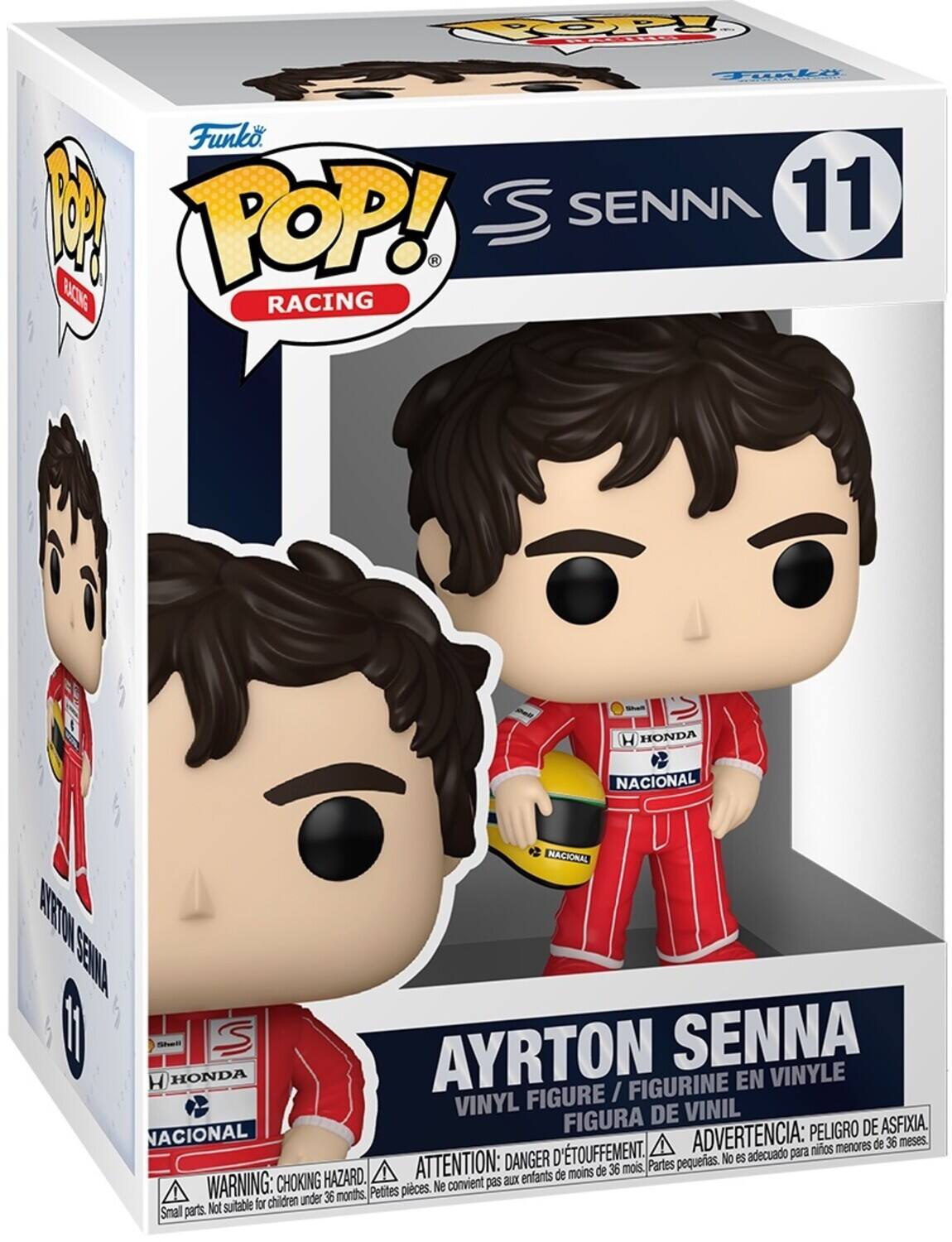 Sure, here is the corrected and grouped text from the image:

---

**Funko POP! Racing**

**11**

**Ayrton Senna**

**VINYL FIGURE / FIGURINE EN VINYLE / FIGURA DE VINIL**

**WARNING: CHOKING HAZARD. Small parts. Not suitable for children under 36 months.**

**ADVERTENCIA: PEOR DE ASFIXIA. No es adecuado para niños menores de 36 meses.**

**ATTENTION: DANGER D'ÉTOUFFEMENT. Ne convient pas aux enfants de moins de 36 mois.**

**HONDA**

**NACIONAL**

---

This text includes the brand, series, figure number, name, and safety warnings from the packaging.