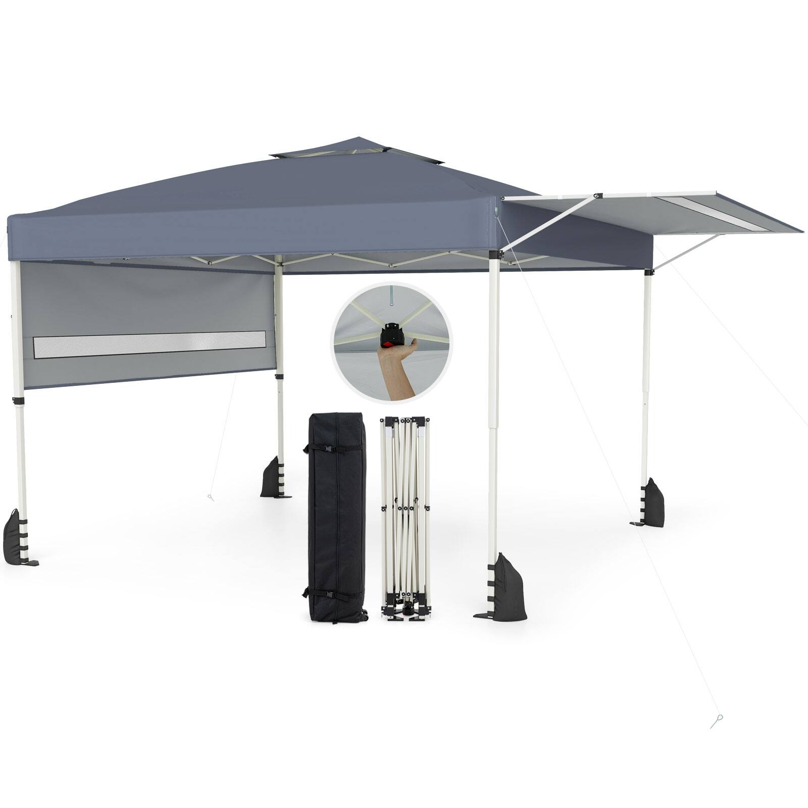 Costway - 10x17 FT Pop Up Canopy Tent with Dual Adjustable Awnings, Silver-Coated Fabric - Gray