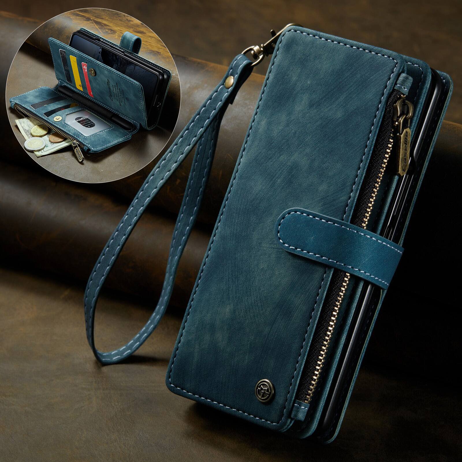 Angle. Dteck - For Samsung Galaxy Z Fold8 Ultra Premium Leather Shockproof Purse Case Card Slots Zipper Pocket Cover + Wrist Strap - Blue.