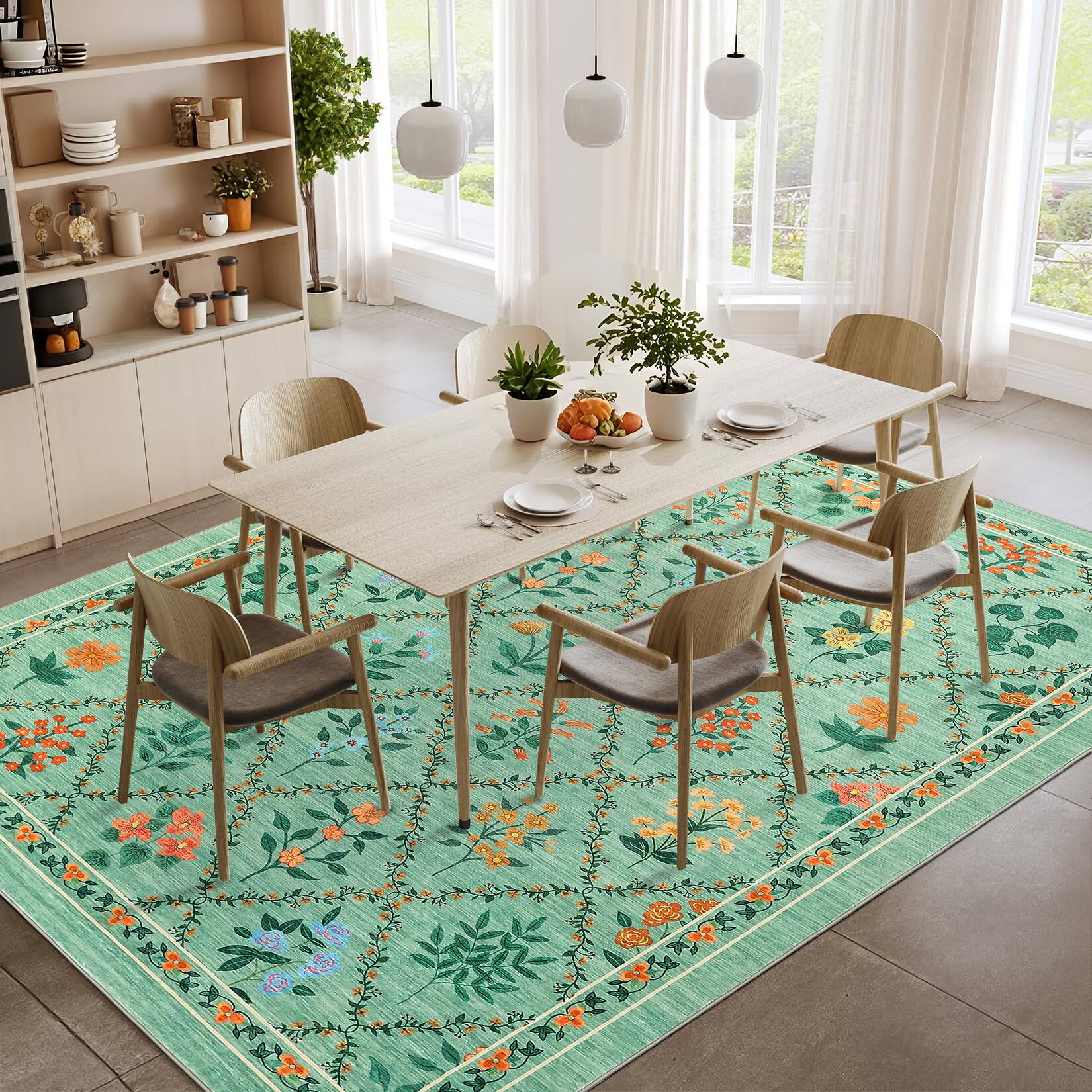 Left. Jojoka - Geometric Pastoral Flower Pattern Washable Area Rug Modern Botanical Design with Non Slip Backing Rug for Home Decor - Green.