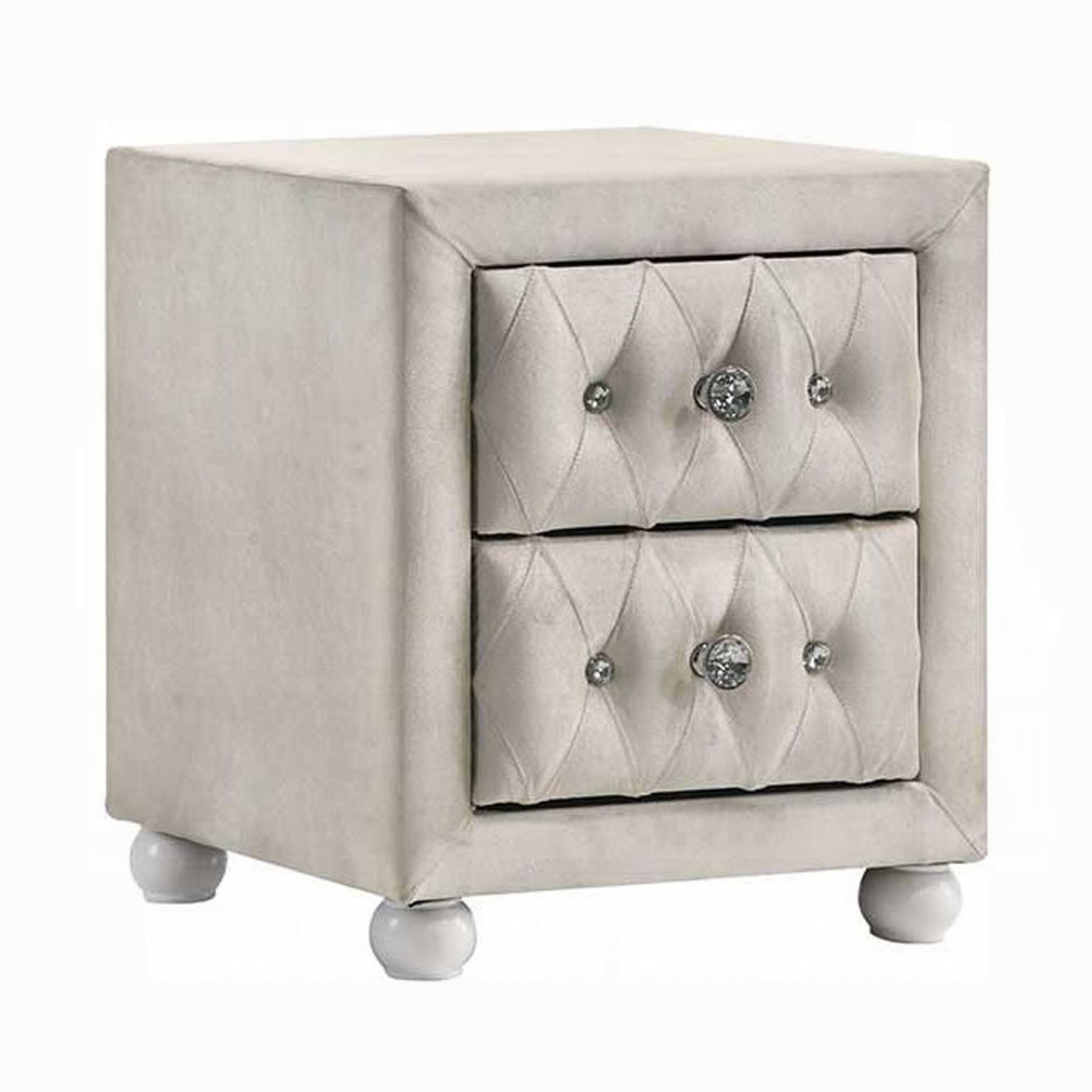 Front. Manhattan Lane - Rex Nightstand, 2 Drawers, Classic Crystal Tufted Upholstery - Beige.