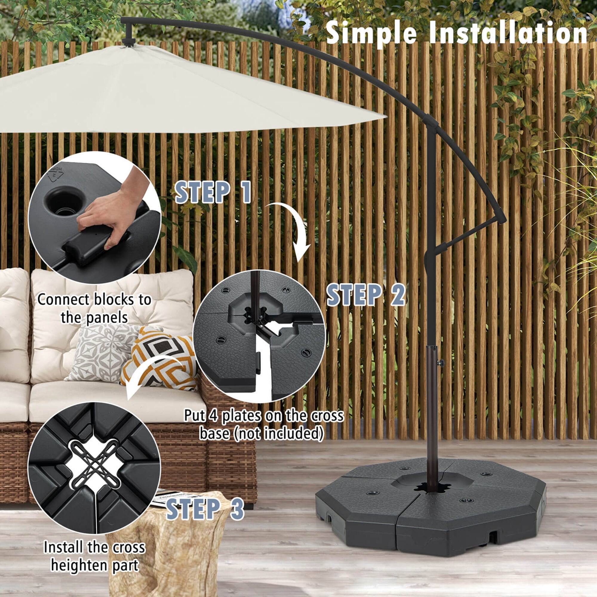 Simple Installation STEP 1 Connect blocks to the panels STEP 2 Put 4 plates on the cross base (not included) STEP 3 Install the cross heighten part