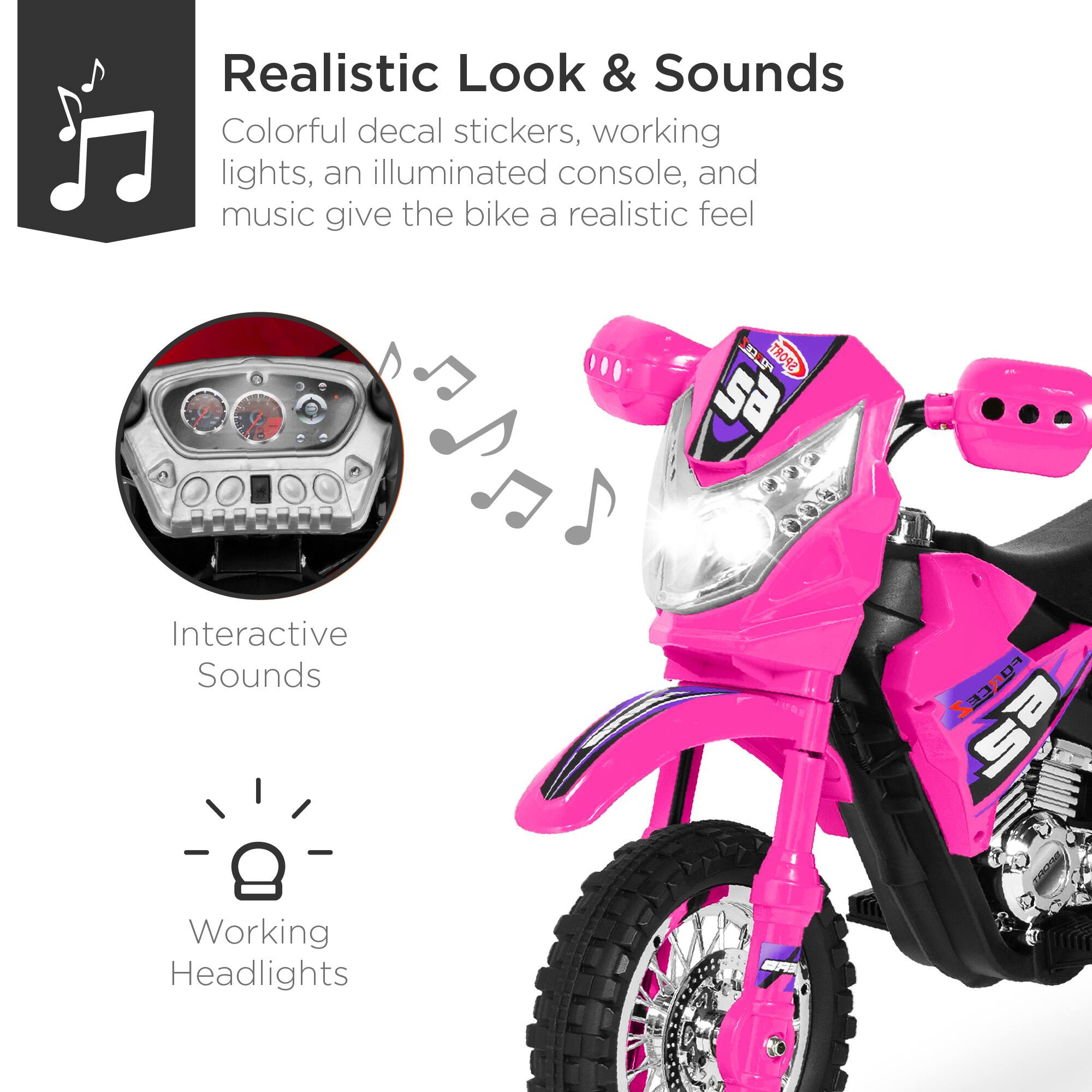 Realistic Look & Sounds

Colorful decal stickers, working lights, an illuminated console, and music give the bike a realistic feel.

Interactive Sounds

Working Headlights