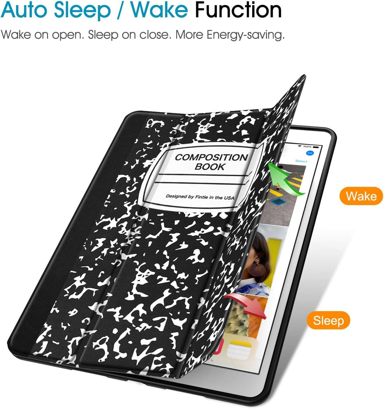 Auto Sleep / Wake Function  
Wake on open. Sleep on close. More Energy-saving.  

100%  
COMPOSITION BOOK  
Select  
Designed by Fintie in the USA  

Wake  
Sleep