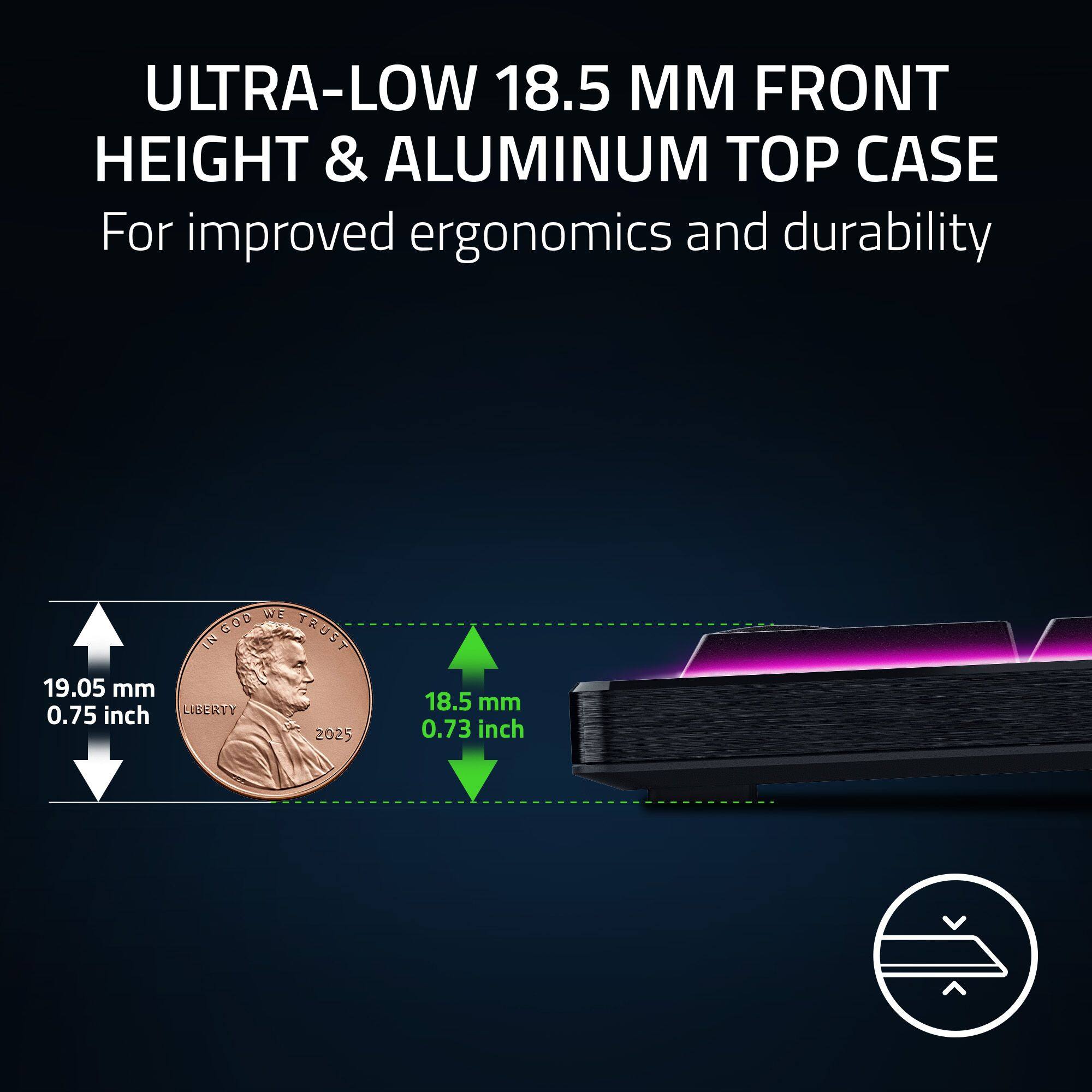 ULTRA-LOW 18.5 MM FRONT HEIGHT & ALUMINUM TOP CASE for improved ergonomics and durability. WE INCORPORATED 19.05 mm (0.75 inch) LIBERTY 2025, 18.5 mm (0.73 inch).