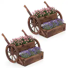 Costway - 2 PCS Rustic Wood Wagon Planter 2-Tier with Wheels Handles&Drainage for Patio Balcony - Carbonized Brown