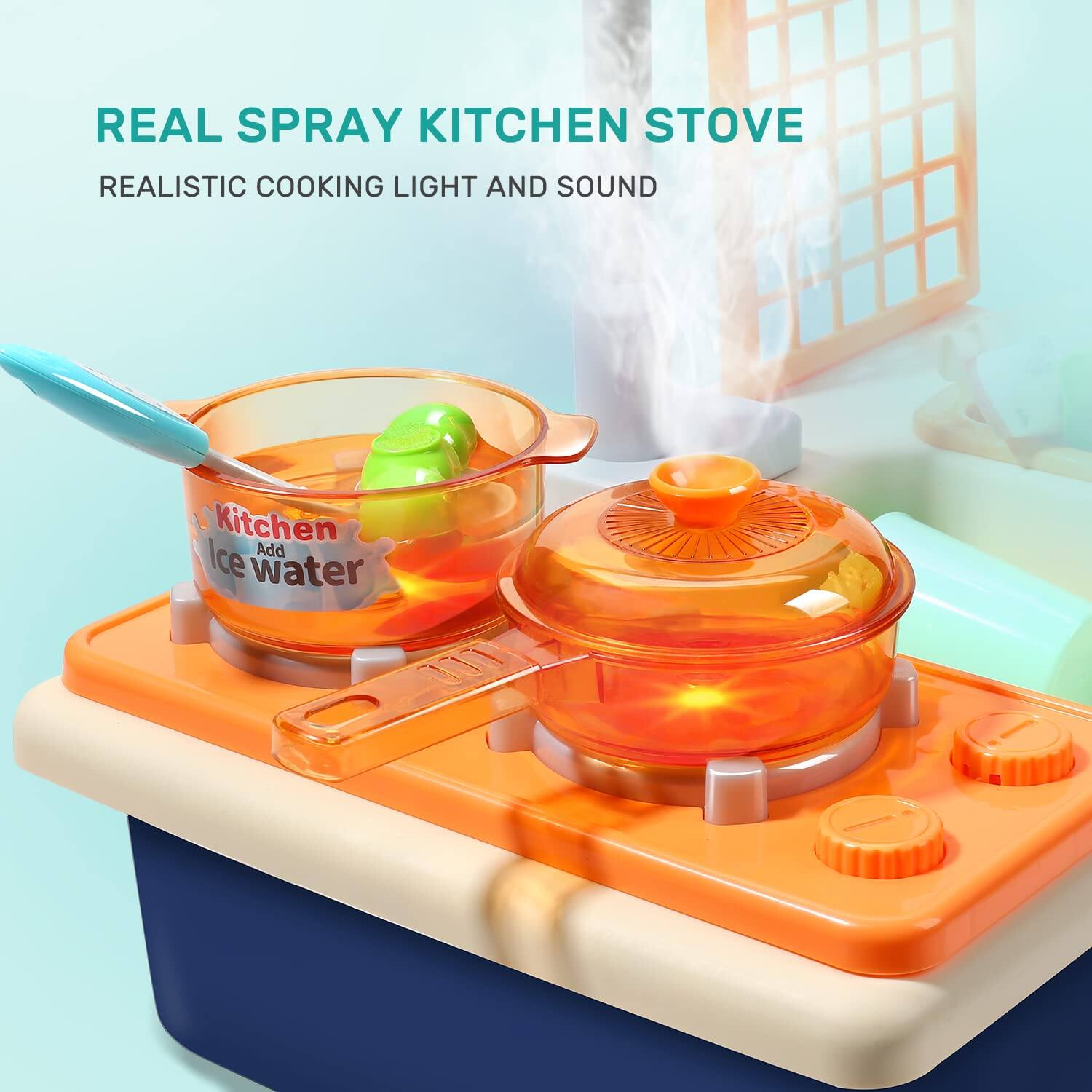 REAL SPRAY KITCHEN STOVE  
REALISTIC COOKING LIGHT AND SOUND  
Kitchen Add Ice water