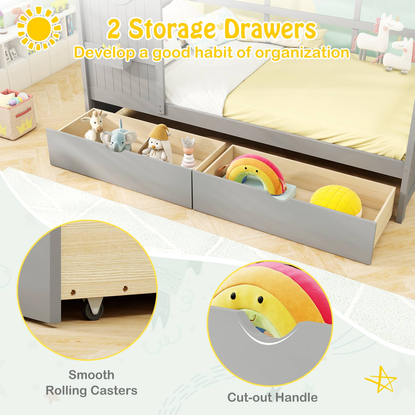 2 Storage Drawers  
Develop a good habit of organization  

Smooth Rolling Casters  
Cut-out Handle