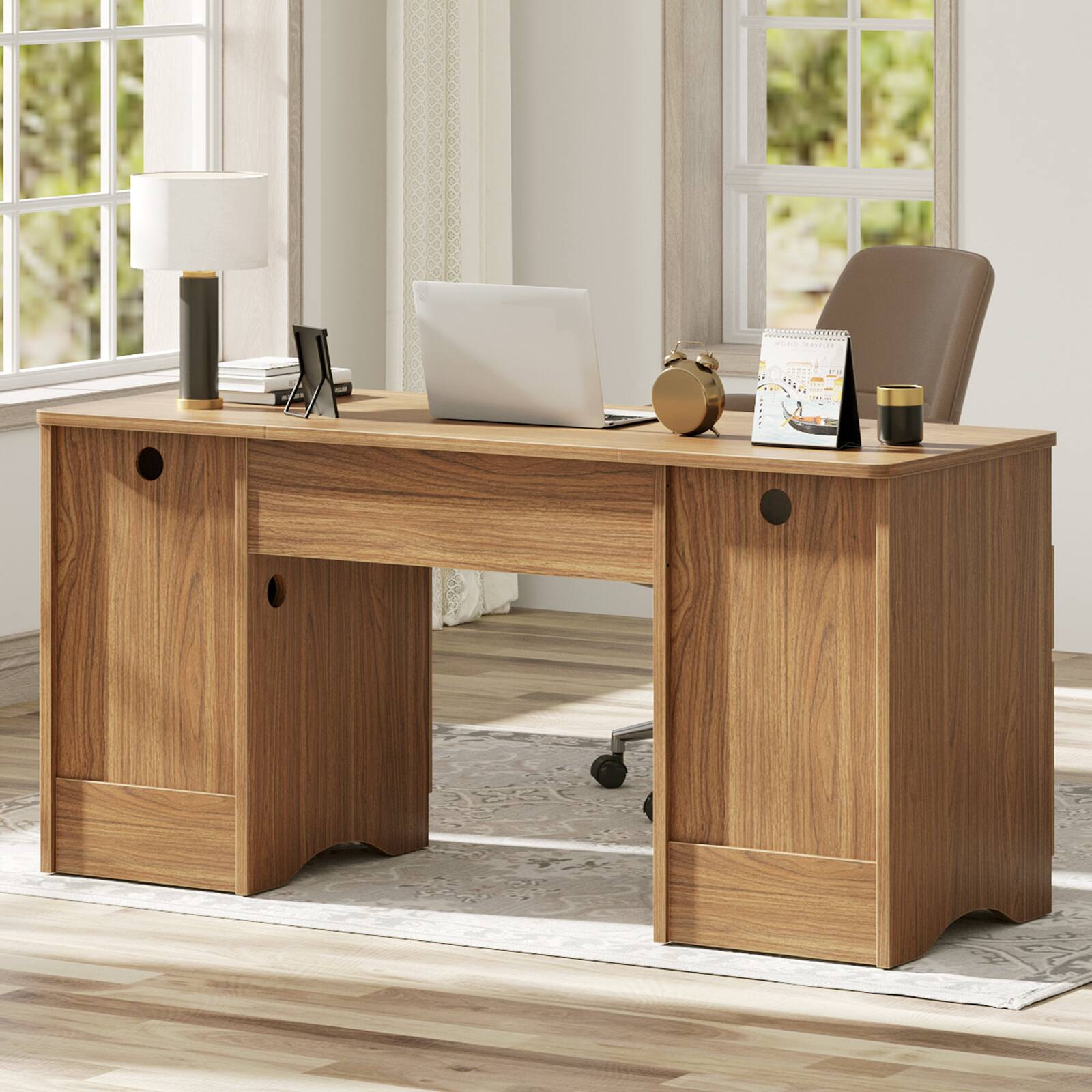 Alt View 1. Bestier - 59 inch Fluted Executive Office Desk with 2 Drawers and Storage Cabinet Modern Home Office Desk with Cable Management - Brown Oak.