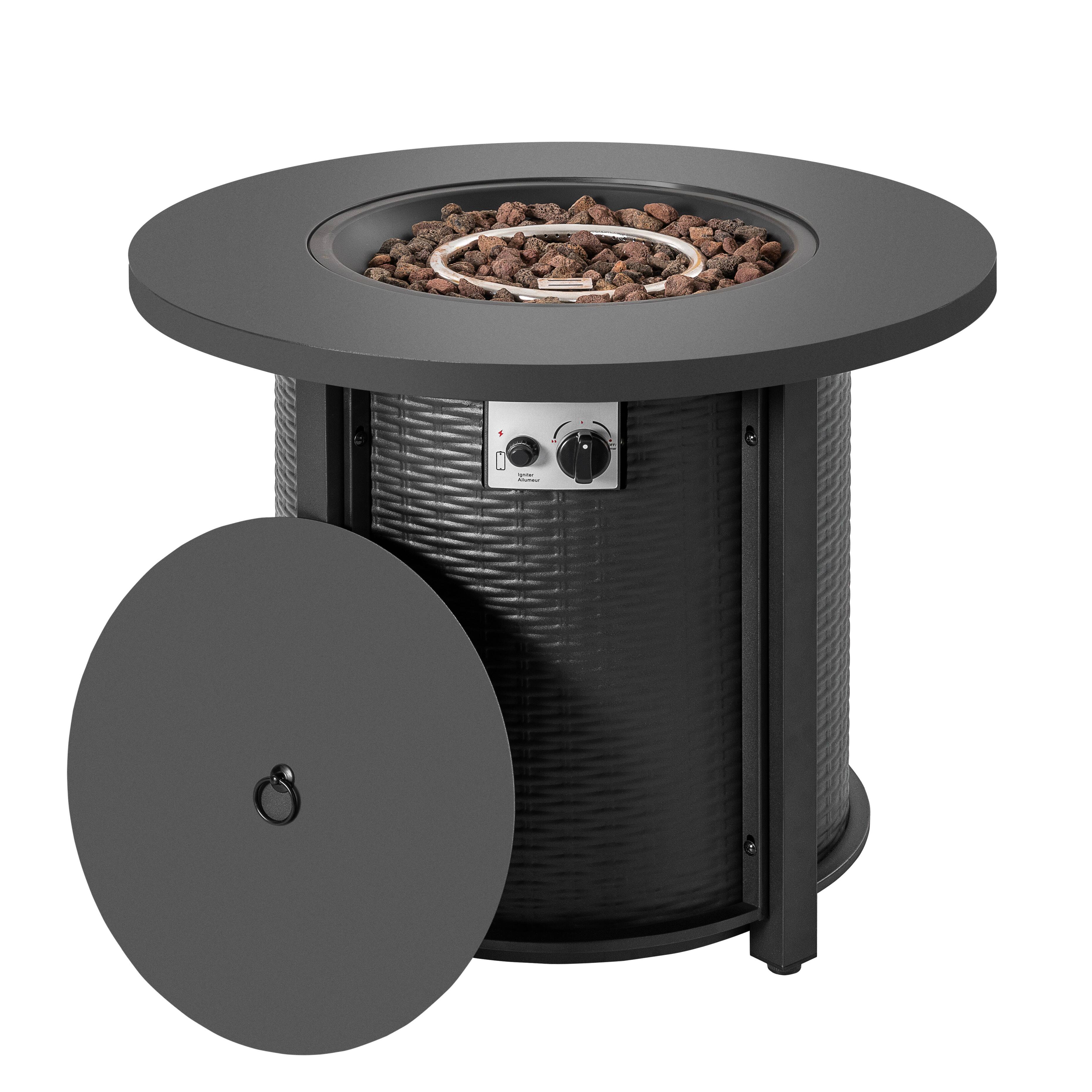 Alt View 8. Nuu Garden - Patio Metal 30'' Round Tabletop Propane Fire Pit Table with Lid and Lava Rocks, Rattan Embossed Pattern - Black.
