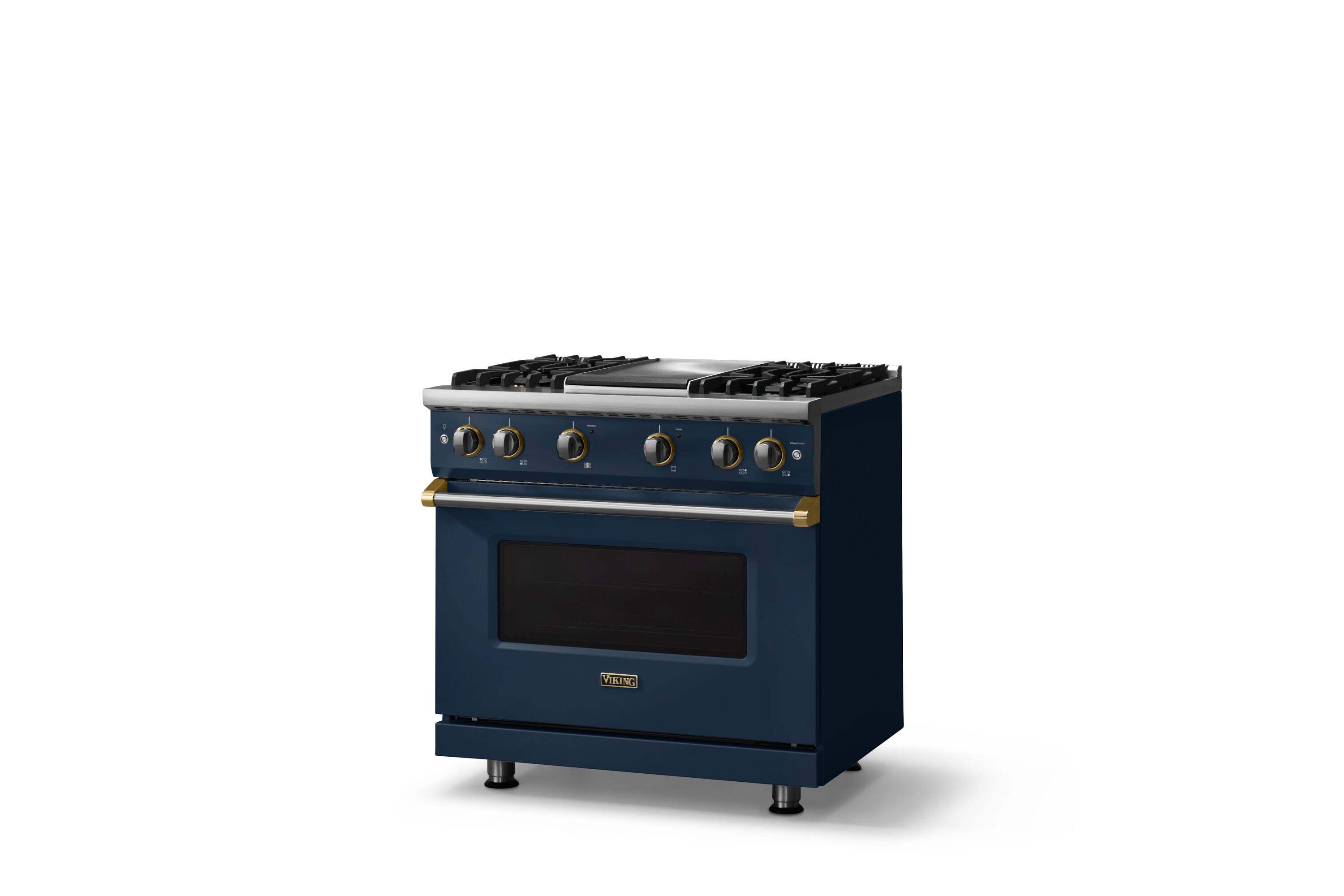 Angle. Viking - 36 in. Wide 4 Burner Pro 5 Series 5.1 Cu. Ft. Freestanding Sealed 4 Burner LP Gas Convection Range with Brushed Brass - Slate Blue.