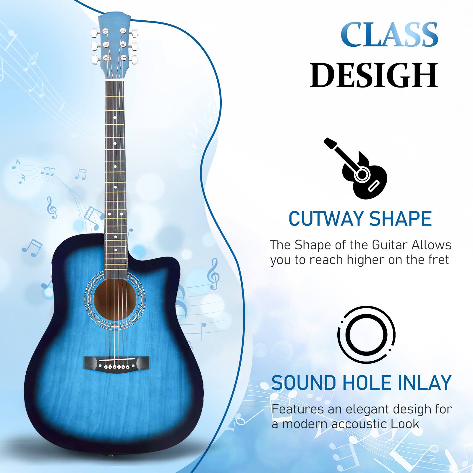 CLASS DESIGN  
CUTWAY SHAPE  
The Shape of the Guitar Allows you to reach higher on the fret  

SOUND HOLE INLAY  
Features an elegant design for a modern acoustic Look