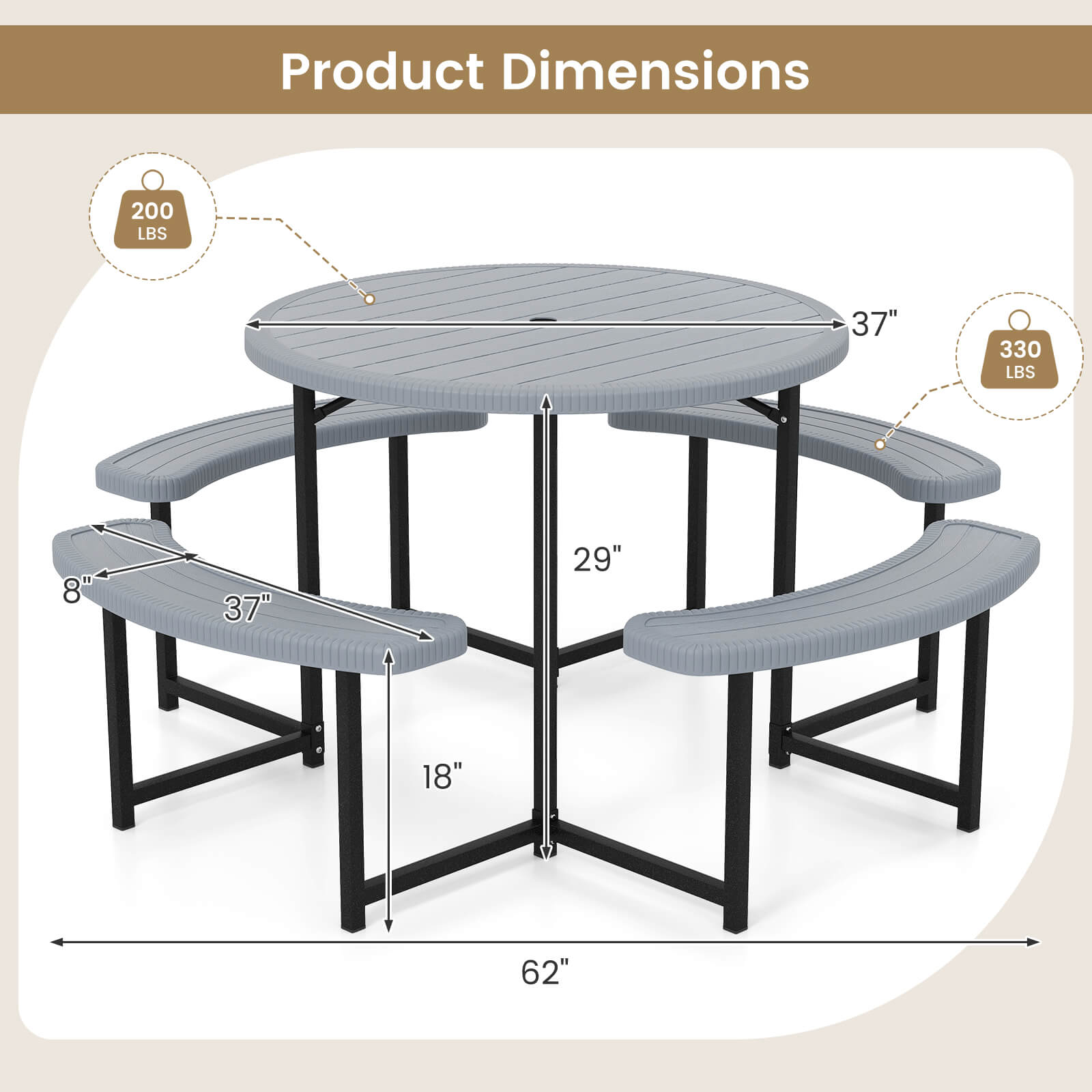Product Dimensions: 200 LBS, 37" diameter, 330 LBS, 8" diameter, 37" diameter, 29" diameter, 18" diameter, 62" diameter.